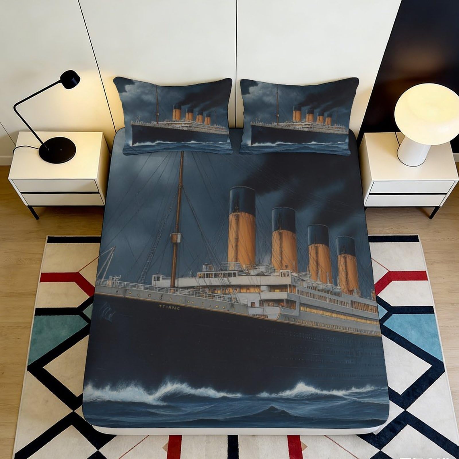 3D Printed Titanic Ocean Fitted Sheet Microfiber Soft Mattress Cover Anti-Slip Machine Washable Bedroom Decor 90x200x25cm
