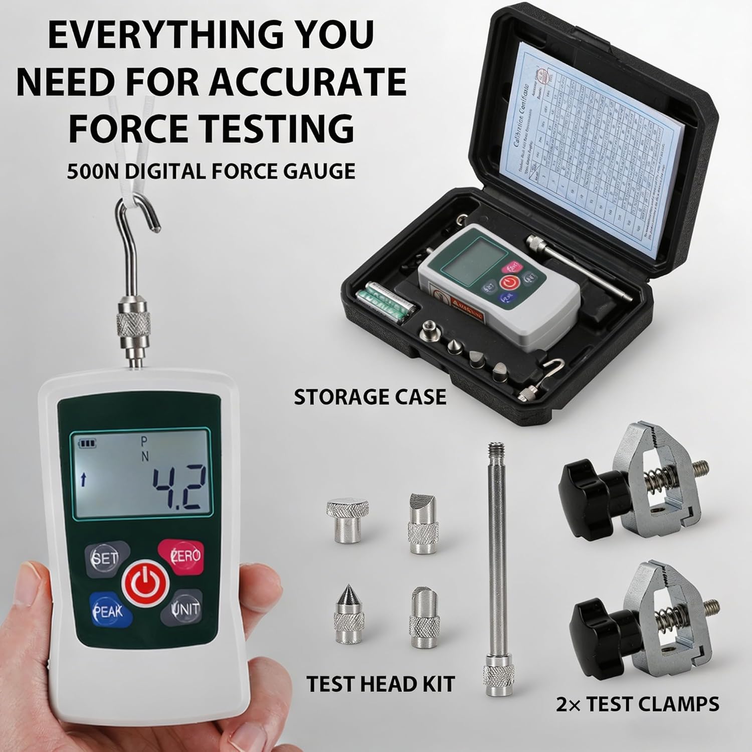 500N Digital Force Gauge & Manual Test Stand Kit, Push Pull Gauge with N/Lb/Kg/Oz Units, 250mm/9.8 inches Stroke Test Stand with 2 Pcs Test Clamp for Tension/Compression in Lab, School, Industry