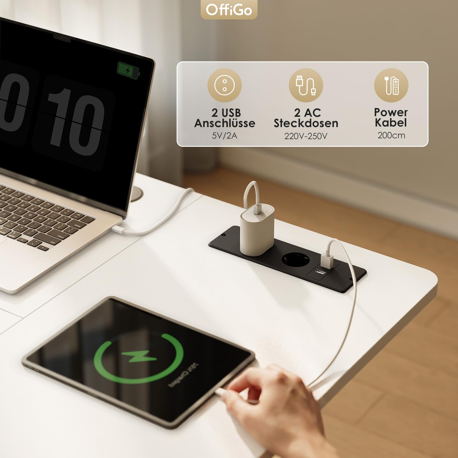 OffiGo Höhenverstellbarer Schreibtisch, 160x80cm Elektrischer Schreibtisch mit Steckdosen und USB Ladeanschluss, Tisch Höhenverstellbar mit 2 Memory Funktion, Computertisch für Büro, Zuhause, Weiß