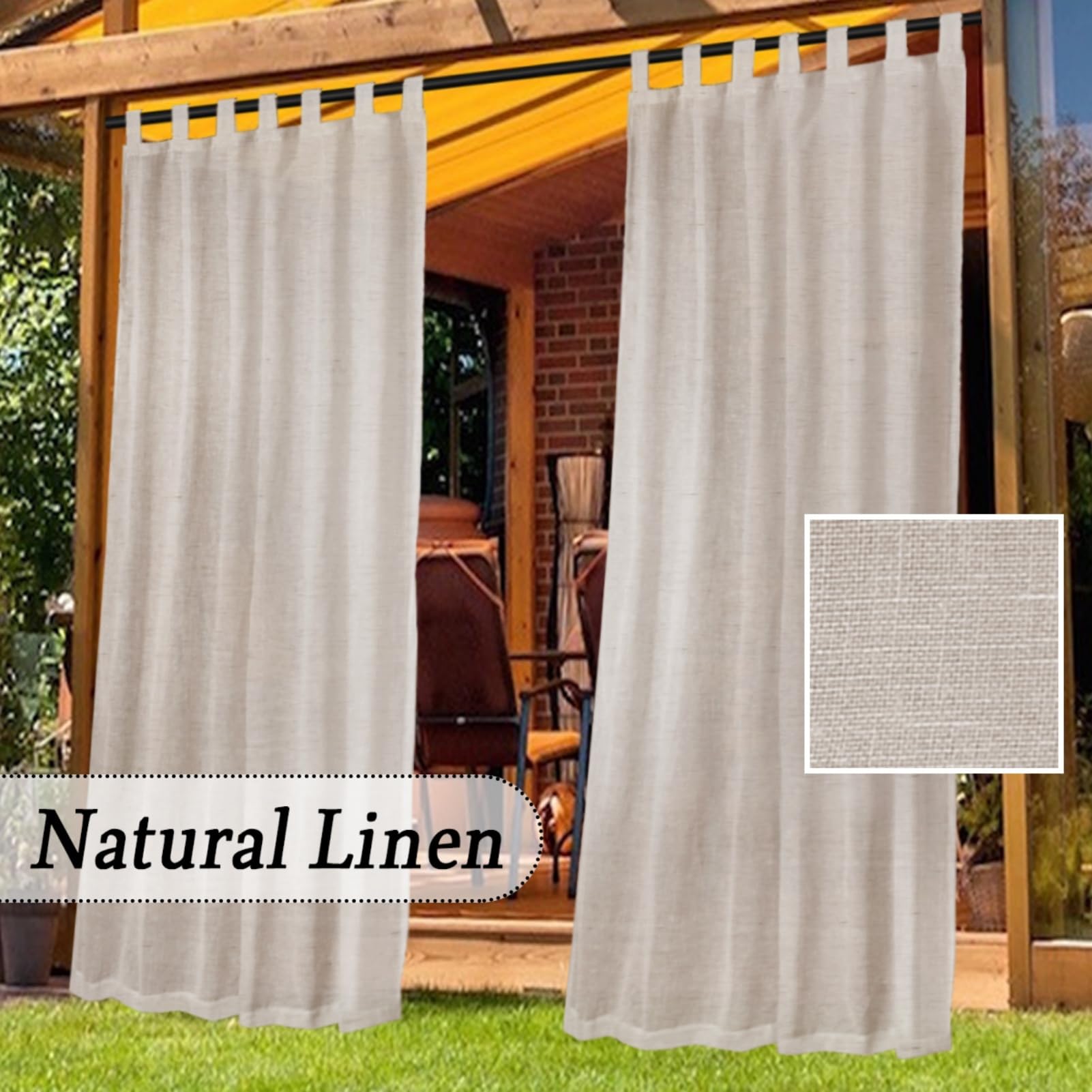 Rideau Extérieur Imperméable Et Coupe-Vent, Protection UV, pour Pergola, Gazebo, Terrasse, Pavillon Et Balcon - Lot De 2 Panneaux Transparents en Lin (Nature,W 52" XL 107.9")