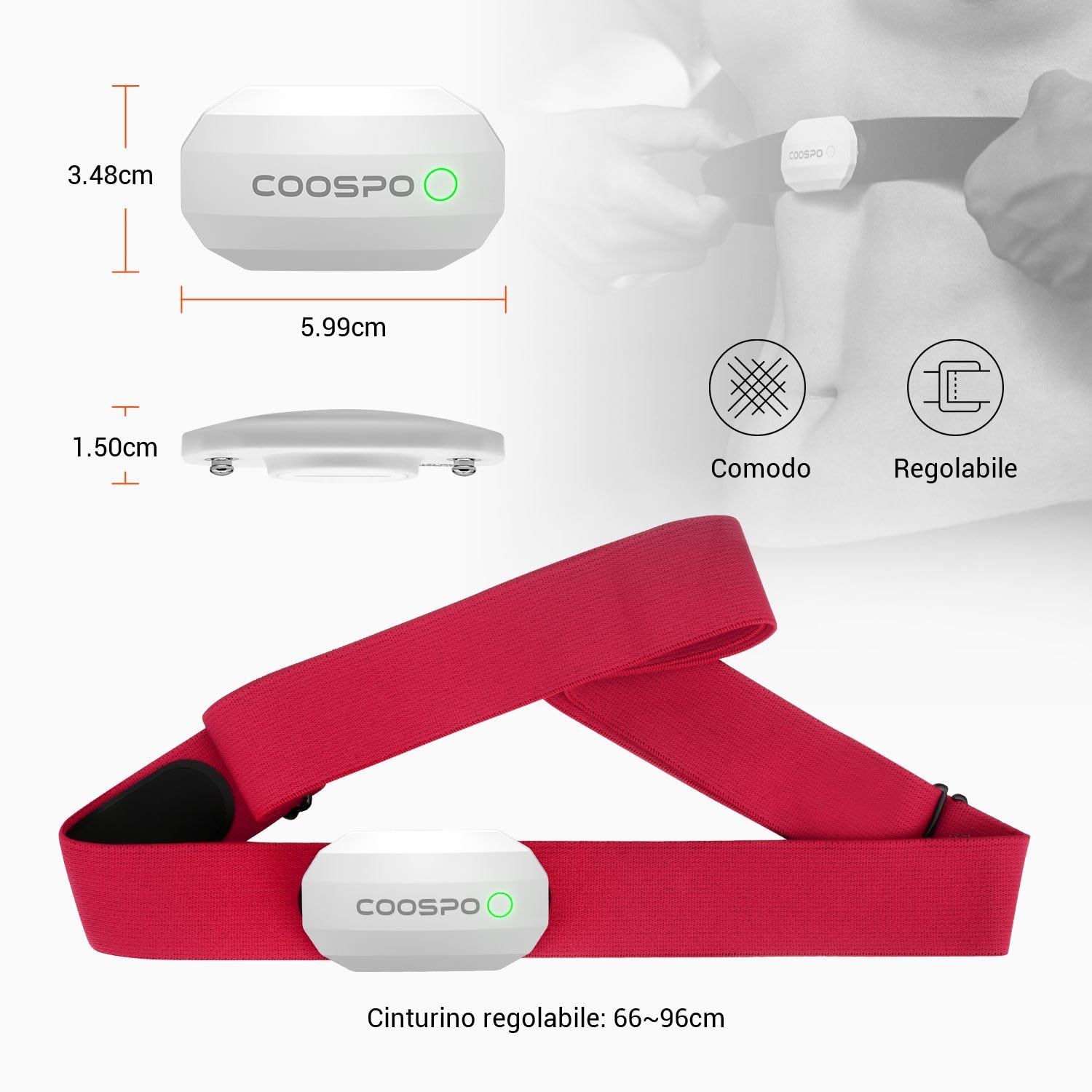 COOSPO H808S Fascia Cardio Cardiofrequenzimetro Fascia Toracica Bluetooth/ANT+, Sensore di Frequenza Cardiaca Impermeabile IP67 Compatibile con CoospoRide/wahoo fitness/strava/Pulsoid