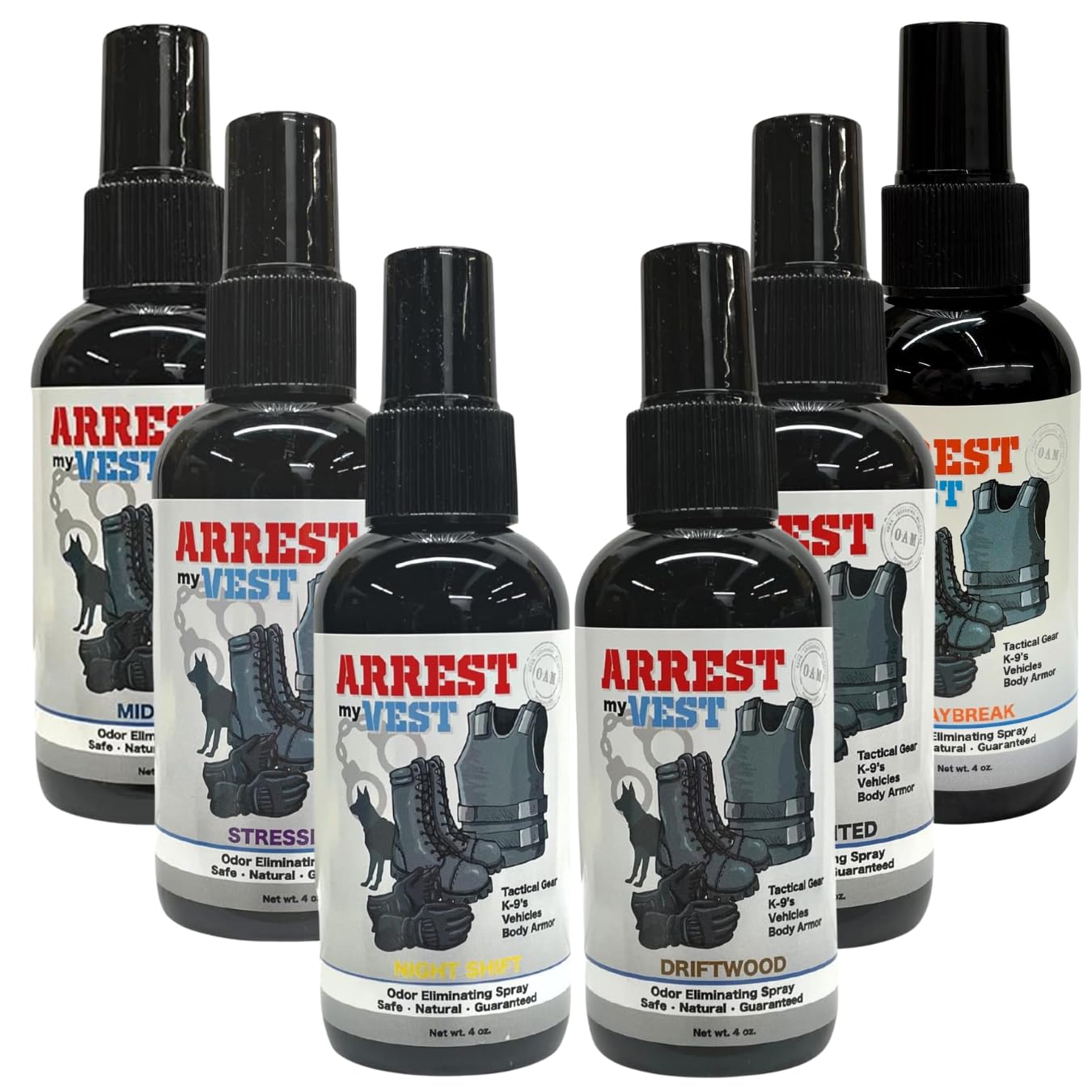 Arrest My Vest Odor Eliminator Spray for Tactical Gear, 6 Pack Variety 4 oz