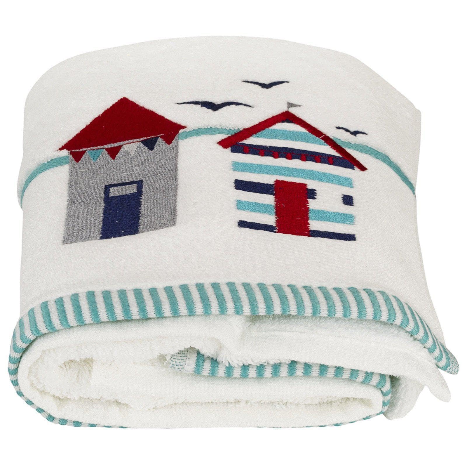 Harwood Vintage Collection Beach Hut Embroidered 100% Turkish Cotton Bath Towel, White/Multi