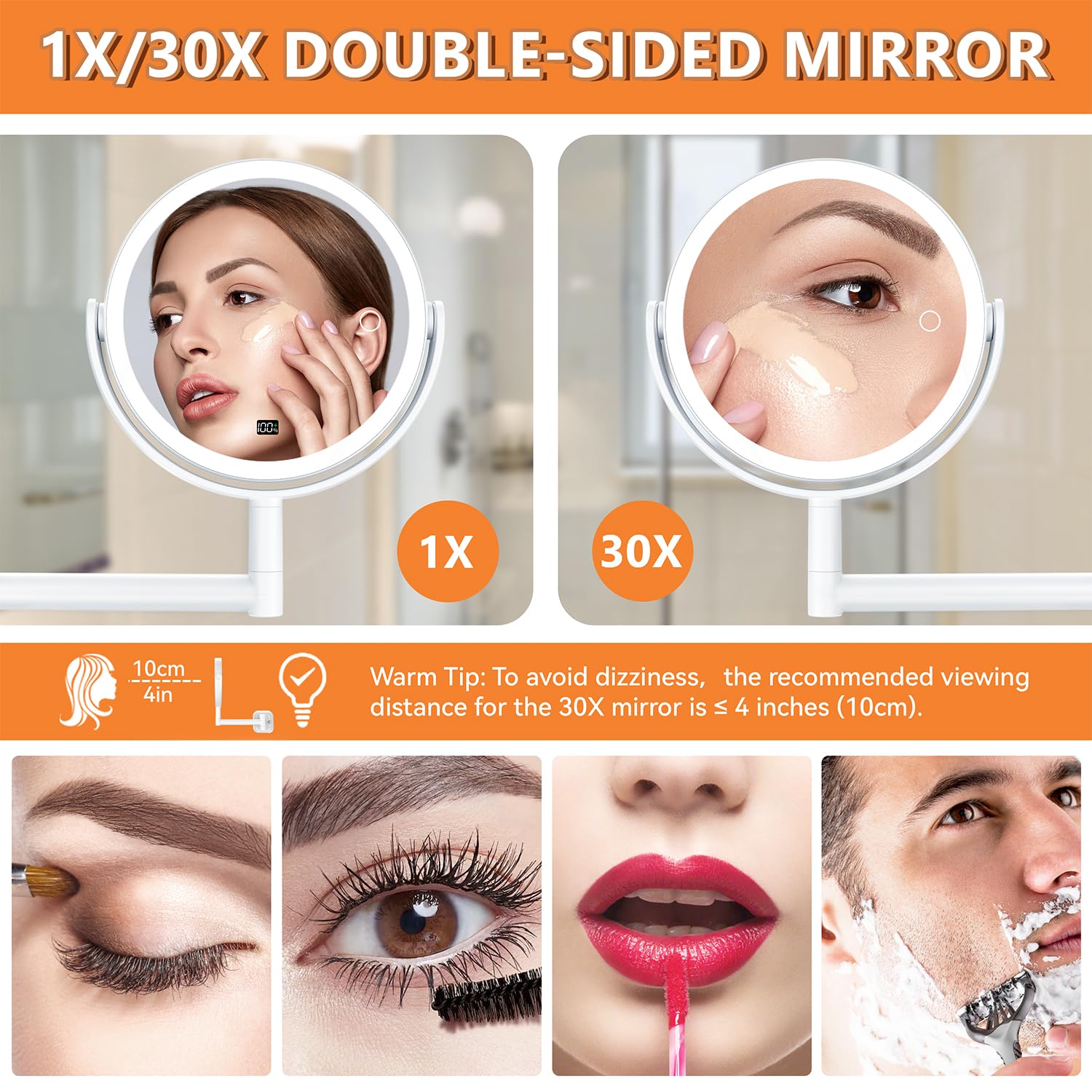 Auxmir Specchio Trucco con Ingrandimento 30X/1X, Specchio da Parete a LED Con o Senza Foratura, Estensibile e Rotazione a 360°, 3 Colori di Luce Regolabile, Ricaricabile 2000mAh per Bagno Hotel Spa
