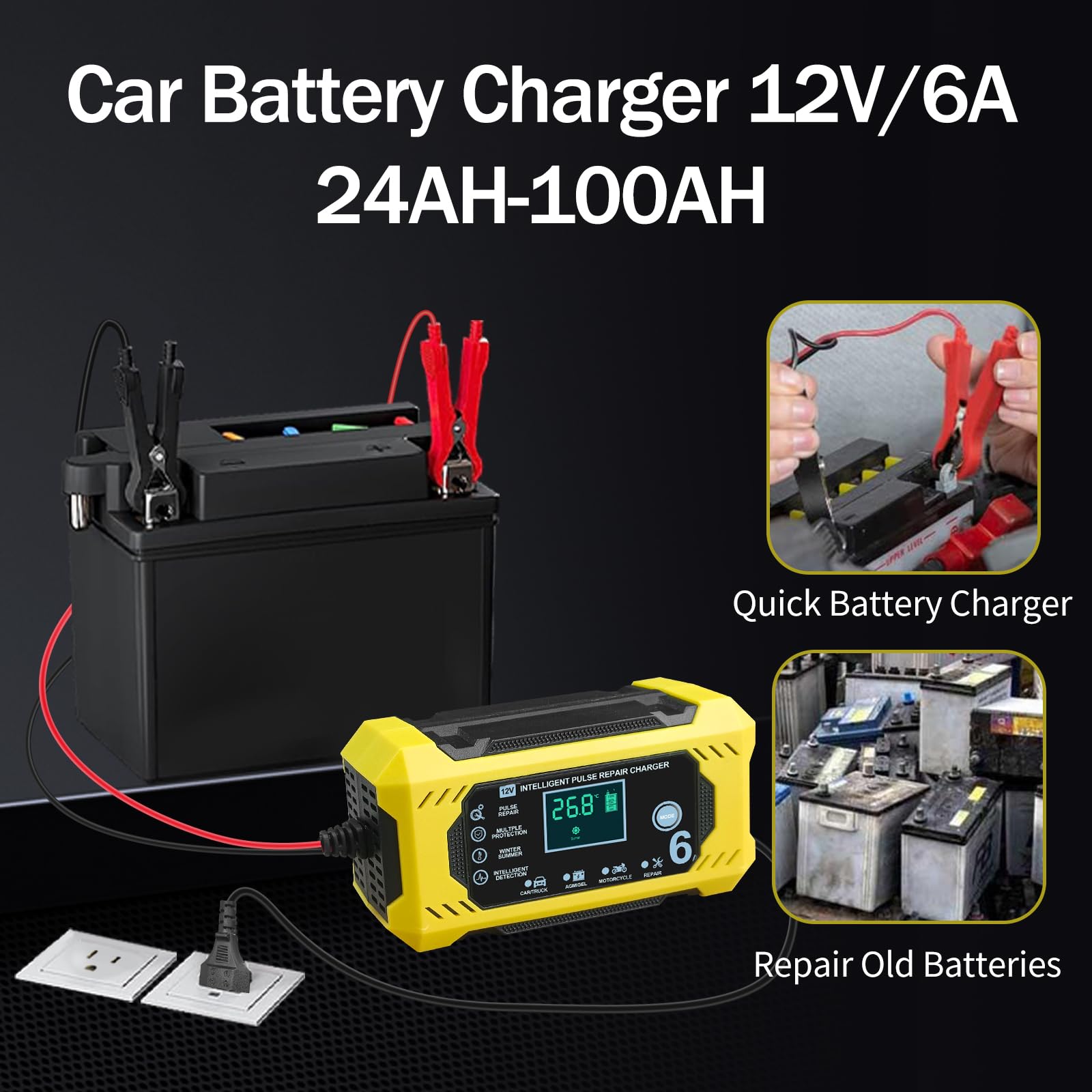 Caricabatterie per Auto, YOYOPOW Carica Batteria Manutentore per Auto e Moto 6A/12V Caricatore Portatile con Intelligente Schermo LCD per Caricare e Riparare Batterie al Piombo-Acido