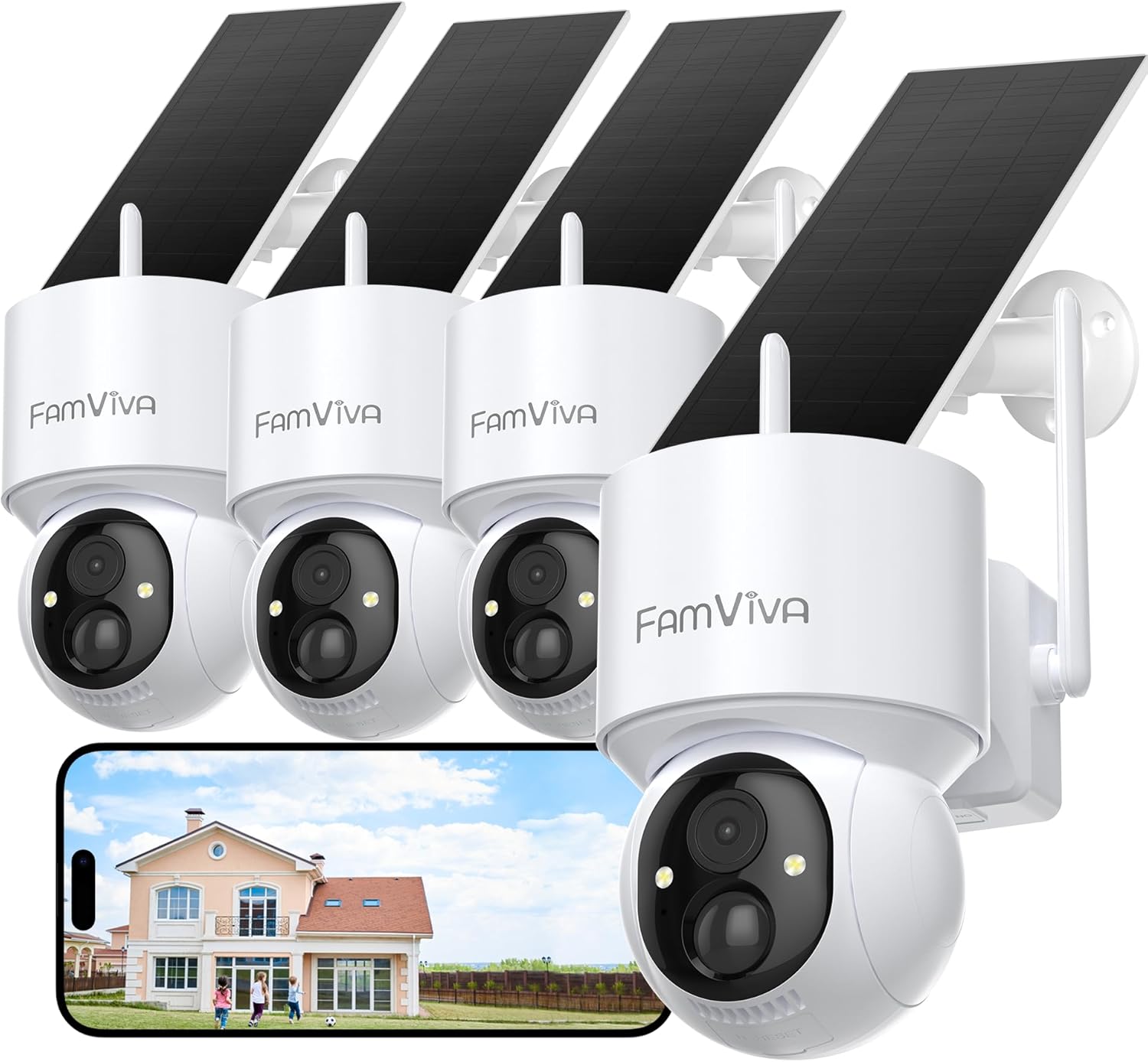 2K Solar Security Cameras Wireless Outdoor, 360°PTZ Battery Powered Cameras for Home Security, 2.4G WiFi Outdoor Camera with Color Night Vision, IP66 Waterproof, Motion Sensor Alarm, White-4P