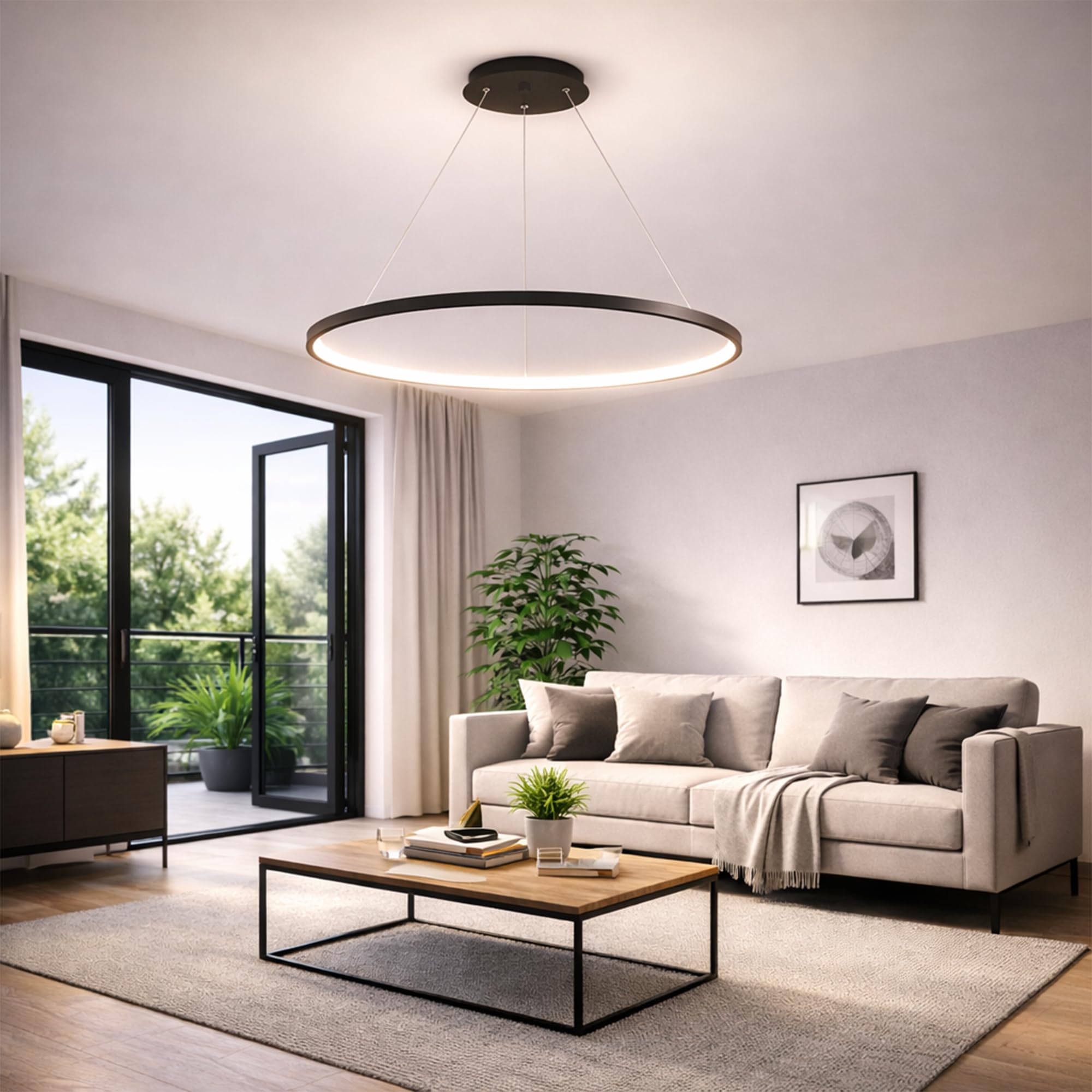 LED Pendelleuchte Esstisch Hängelampe Ring 22W Schwarz 60cm | Hängeleuchte Mit 3 Farbtemperaturen Modern Aluminium Kronleuchter Hängend 160cm Höhenverstellbar Für Esstischlampe Küchen