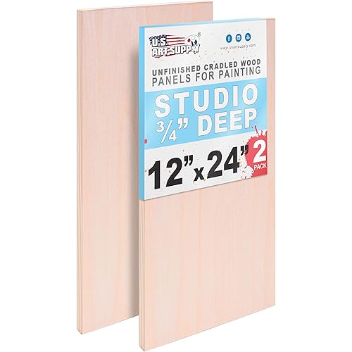 U.S. Art Supply 12" x 24" Unfinished Cradled Wood Panels for Painting, Studio 3/4" Deep (2 Pack) - Artist Depth Birch Wooden Wall Canvases - Mixed-Media Craft, Acrylic, Oil, Encaustic, Paint Pouring