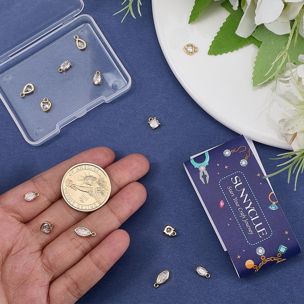 SUNNYCLUE 1 Box 20Pcs 5 Styles Real 18K Gold Plated Brass Charms Cubic Zirconia Charm Bulk Clear Crystal Heart Round Oval Teardrop Pendants for Jewelry Making Necklace Earring DIY Craft Accessories - Image 3