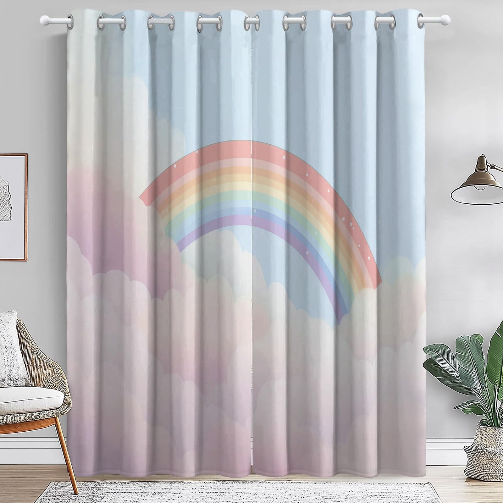 Rideaux Longs 140L X 260H cm (2 Panneaux), Onirique Nuages Imprimé, Tissu Occultant Épais pour Grand Salon et Loft, Rose