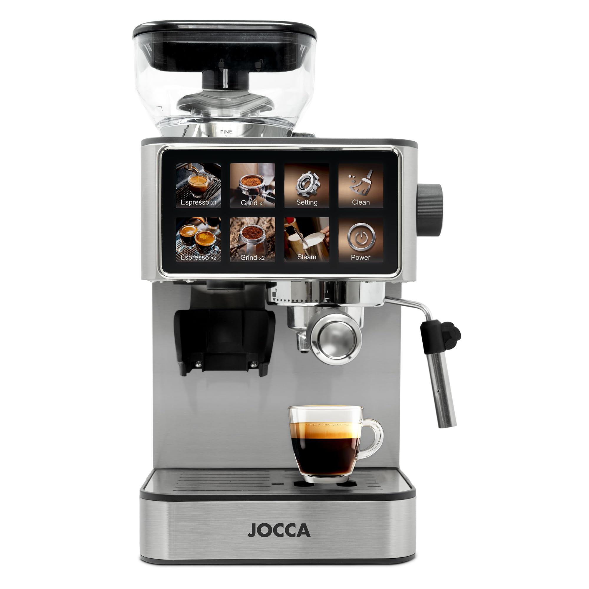 Jocca - Cafetera Espresso Semiautomática 20 Bar con Molinillo, Pantalla Táctil, 22 Niveles de Molienda, Vaporizador, Depósito 1,3L, 1450W, Acabado en cromado Acero Inoxidable
