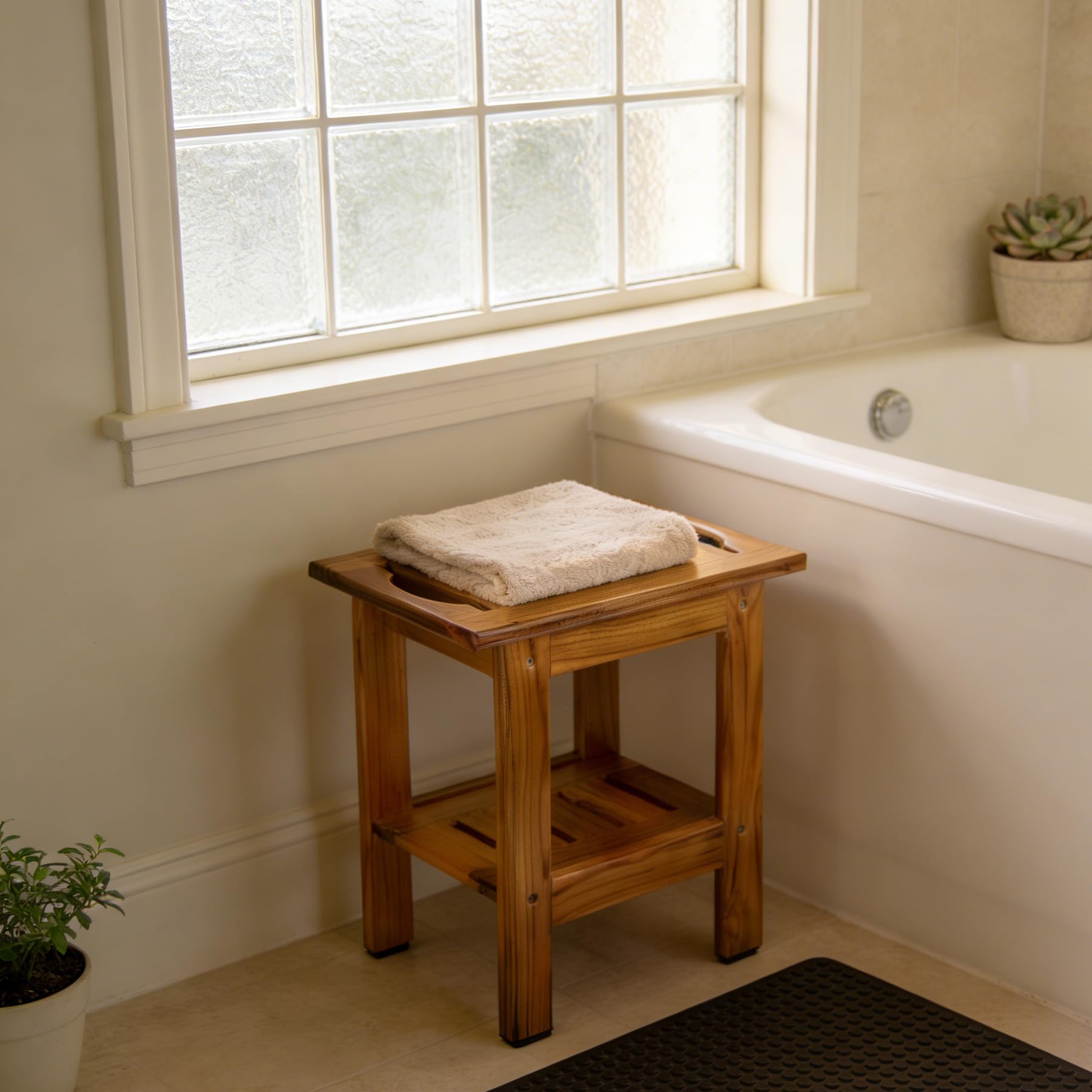 Utoplike Tabouret de Douche en Teck Petit avec Étagère, Poignée | Banc de Douche en Bois pour L'Intérieur, Tabouret de Douche Compact, Pieds Antidérapants, Siège de Douche à 2 Niveaux