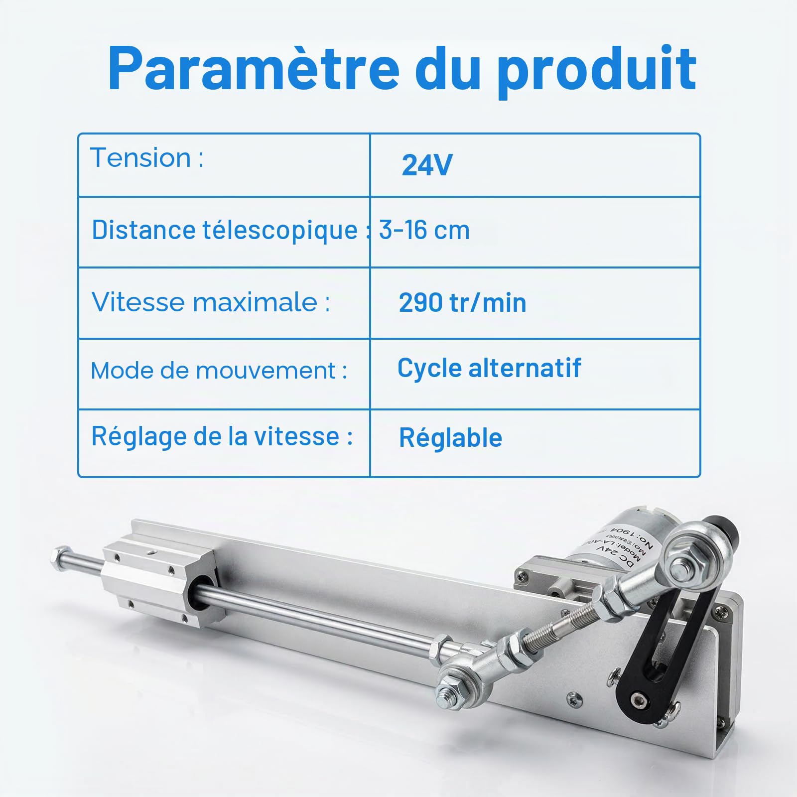 Moteur à piston linéaire, actionneur linéaire avec moteur CC 24V & 290 tr/min, actionneur linéaire télescopique de 3-16 cm avec régulation de vitesse et alimentation électrique