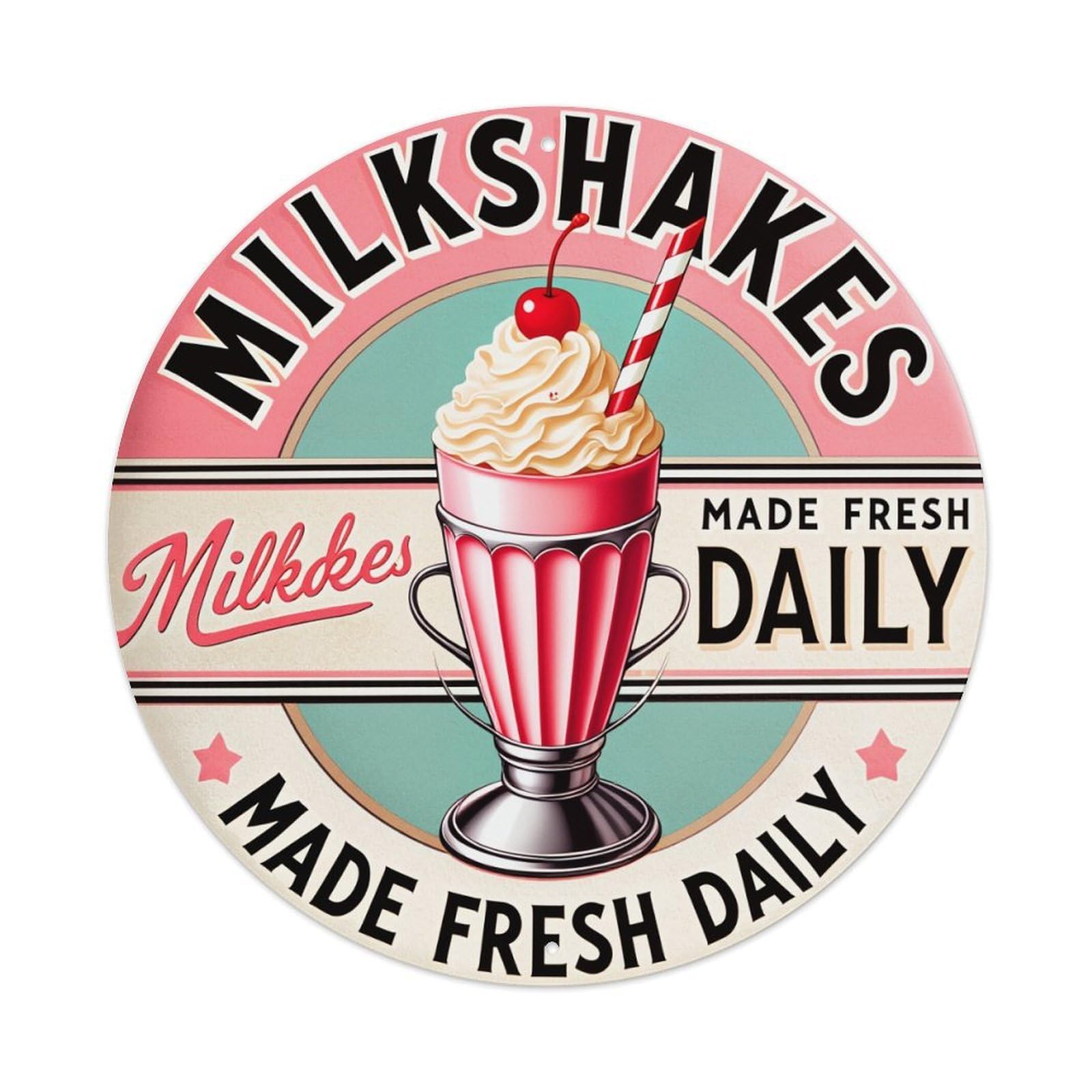 Milkshake Cup Cherry Whipped Cream Striped Straw Round Tin Sign Vintage Metal Poster, Home Bar Garage Man Cave Cafe Indoor & Outdoor Wall Decoration 8x8Inches