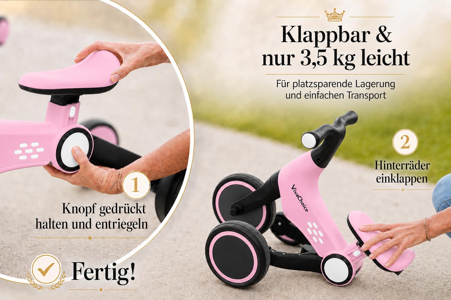 4-in-1 Kinder Dreirad ab 2 Jahre, klappbares Laufrad & Balance-Bike mit Pedalen, Mini-Fahrrad für Jungen & Mädchen, höhenverstellbar ab 32 cm, leicht 3,5 kg, CE/EN71 Zertifiziert