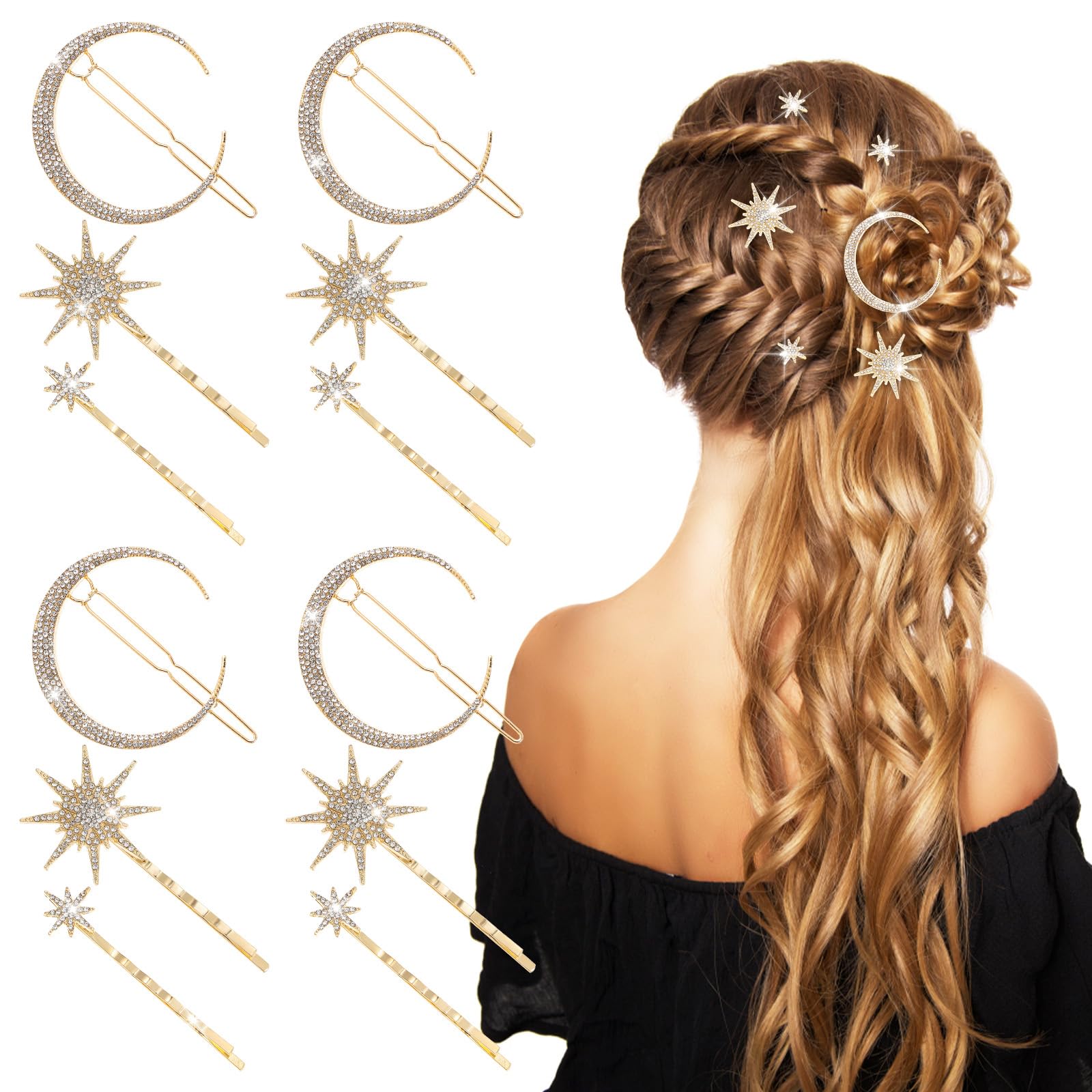Photo 1 of MBAIYO 12Pcs Moon Star Hair Clips, Crystal Celestial Hair Accessories Vintage Rhinestone Star Clips Bobby Pins for Women(Gold)