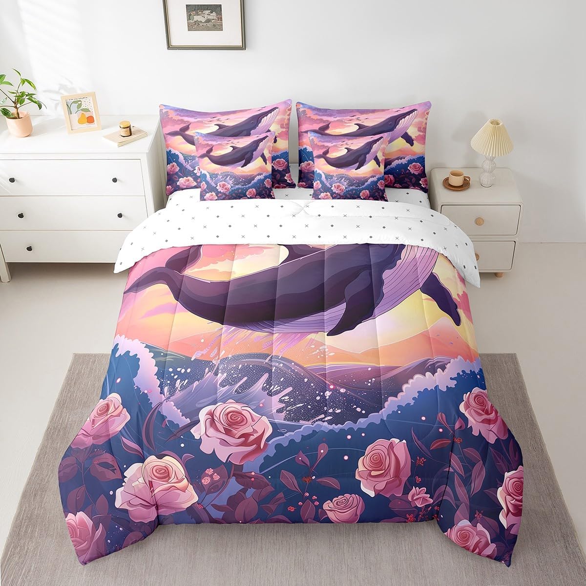 Erosebridal Whale Bed in a Bag Queen Comforter Set 7 Piece,Pink Rose Bedding Sets Nautical Sea Animal Bed Set,Flowers Coastal Sheet Set with Comforter