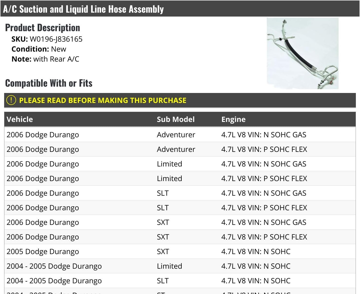 Marketplace Auto Parts A/C Suction and Liquid Line Hose Assembly - Compatible with 2004-2006 Dodge Durango (with Rear A/C)