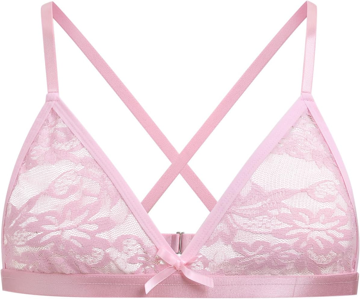 ABAFIP Men's Sissy Lingerie Bra Floral Lace Bra Top Cross Back See Through Bralette Crossdressing Underwear