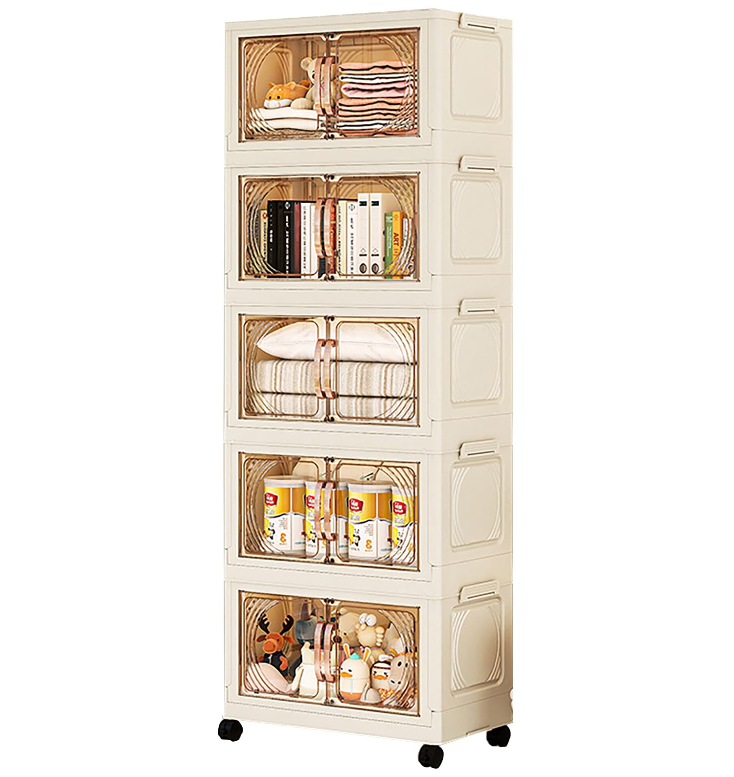 House of Quirk Plastic 5-Layer Storage Cabinet with Wheels, Rolling Organizer for Home, Living Room, and Office - Durable, Space-Saving Solution for Sundries, Toys, and Essentials (45cm, Cream)-image-34