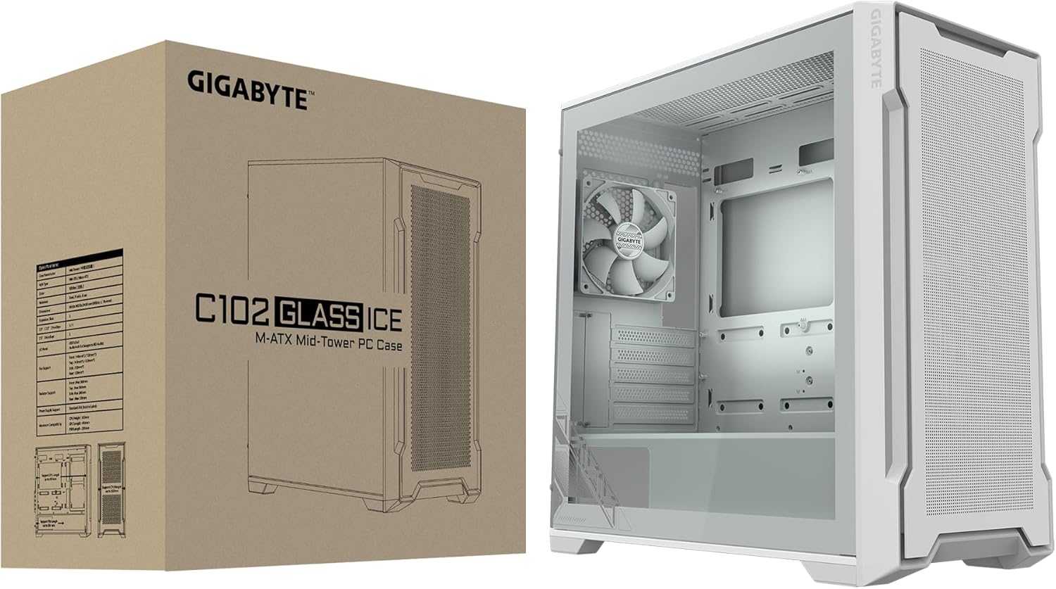 GIGABYTE C102 Glass ICE - White Mid Tower PC Gaming Case, Tempered Glass, PSU Shroud, 2X 120mm Fans (GB-C102GI)