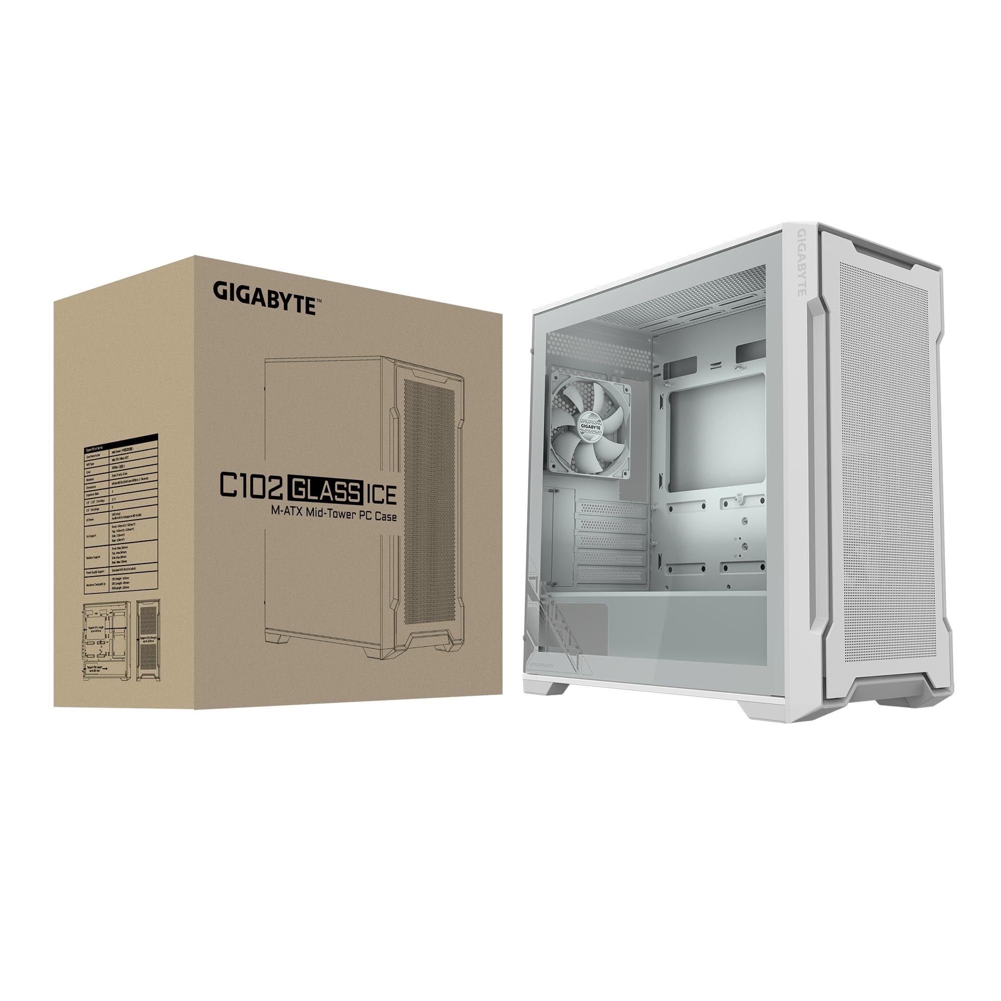 GIGABYTE C102 Glass Ice - Carcasa Blanca para Juegos de PC de Torre Media, Vidrio Templado, Cubierta de Fuente de alimentación, 2 Ventiladores de 120 mm (GB-C102GI)