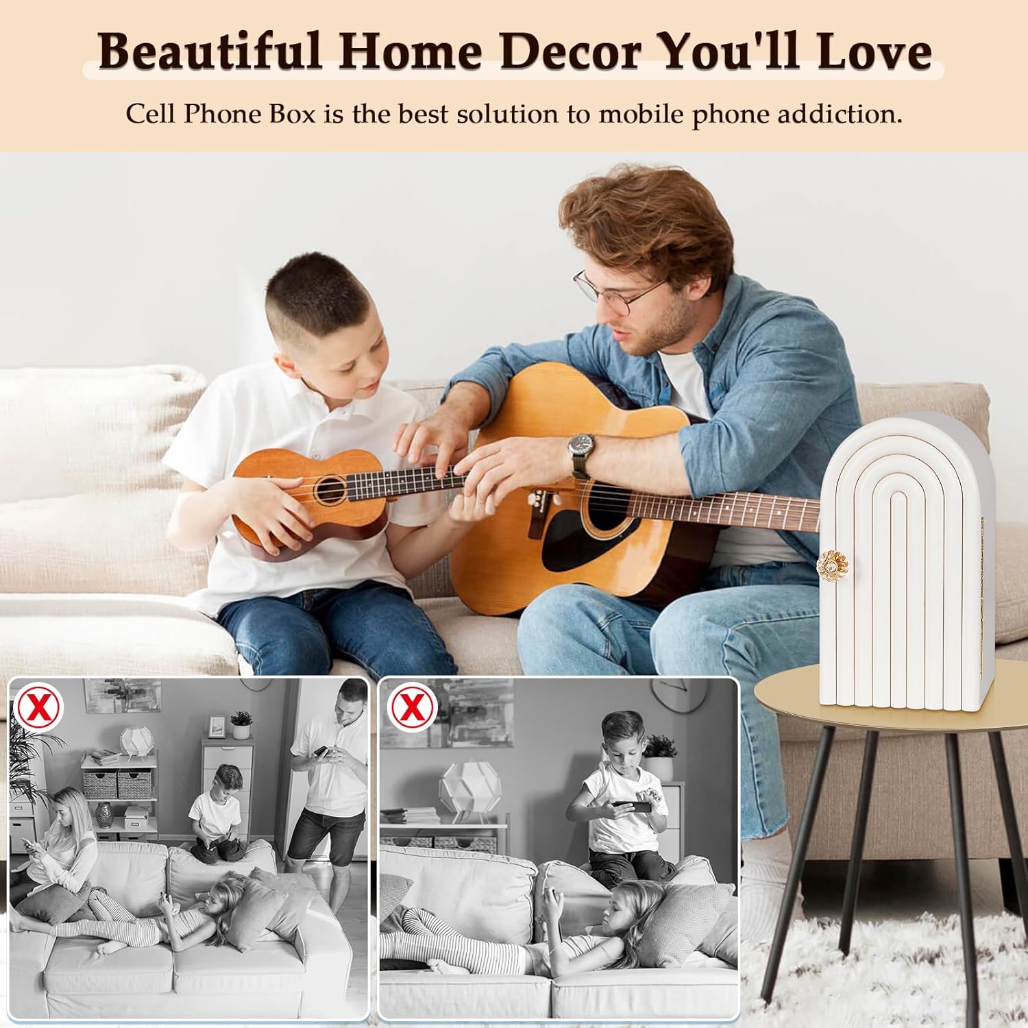 Phone Box for Family Time, Bamboo Cell Phone Jail, 3 Sections Hold 6 Phones, with Charging Holes, Phone Holder Self-Discipline Box, Help Kids Adults Focus Back, Mobile Phone Addiction (White)