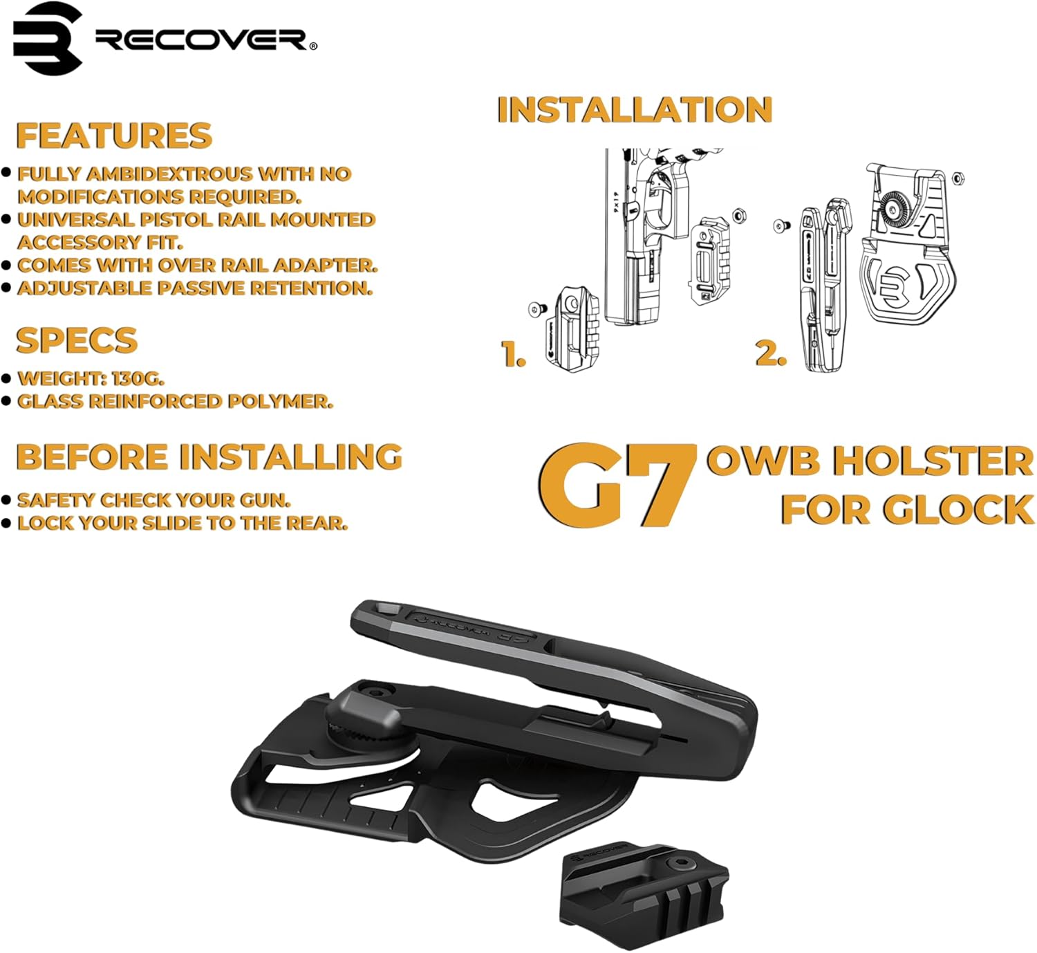 ReCover Tactical G7 / G7A Universal OWB Holster for Double Stack Glock, Smith & Wesson, Springfield, Sig Sauer, CZ