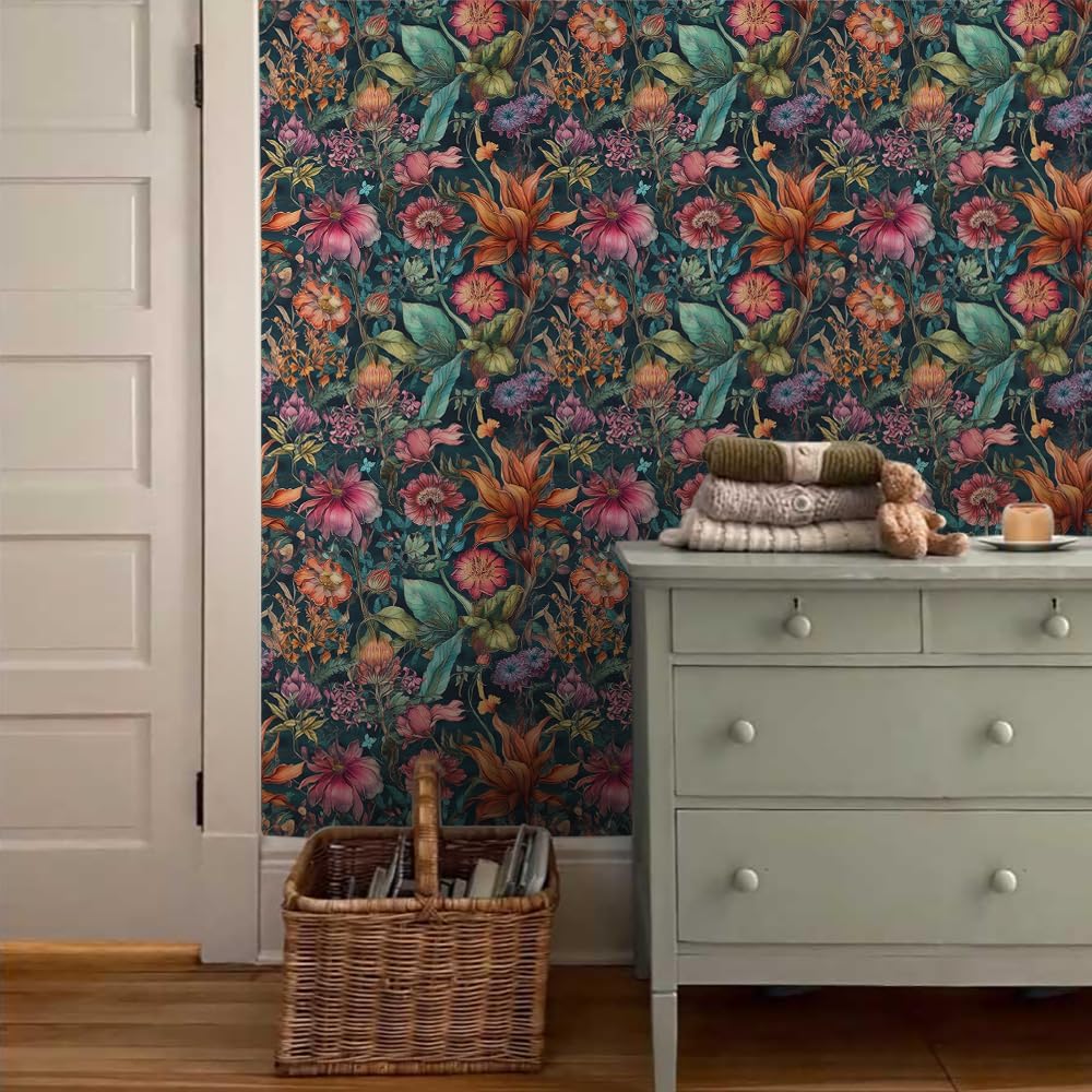 18"x236" Magical Forest Dark Colorful Florals Peel and Stick Self Adhesive Wallpaper Removable Contact Paper Stick on Easy Peel Off Wall Paper for Kitchen Bedroom Bathroom Renter