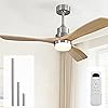 Sofucor 52 Inch Ceiling Fan with Lights and Remote Control-Modern Solid Wood Blade Ceiling Fan for Bedroom Living Room Indoor Outdoor Farmhouse Patio, Noiseless DC Motor, Sandy Nickel & Natural Wood