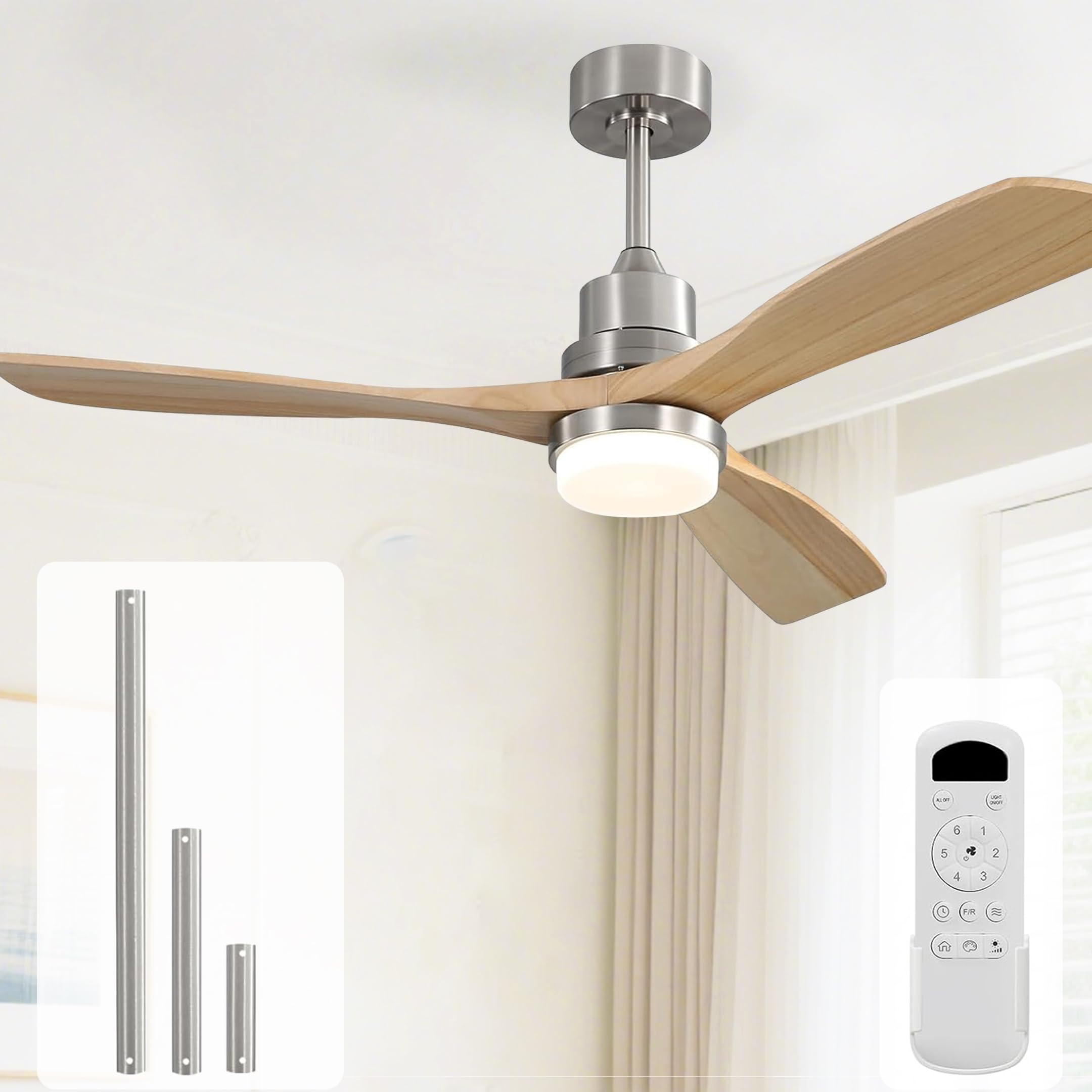 Sofucor 52 Inch Ceiling Fan with Lights and Remote Control-Modern Solid Wood Blade Ceiling Fan for Bedroom Living Room Indoor Outdoor Farmhouse Patio, Noiseless DC Motor, Sandy Nickel & Natural Wood