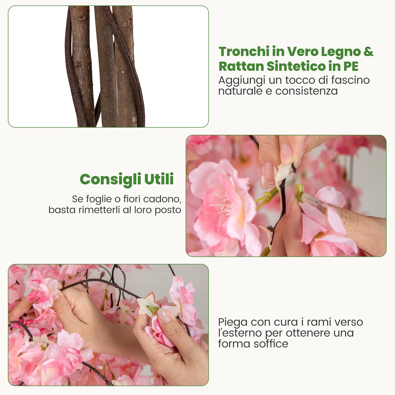 COSTWAY Albero di Ciliegio Artificiale 163 CM, Pianta Finta da Interno con Vaso in PP Riempito con Cemento, Fiori in Tessuto, Decorazione per Ufficio, Casa e Veranda (Rosa)
