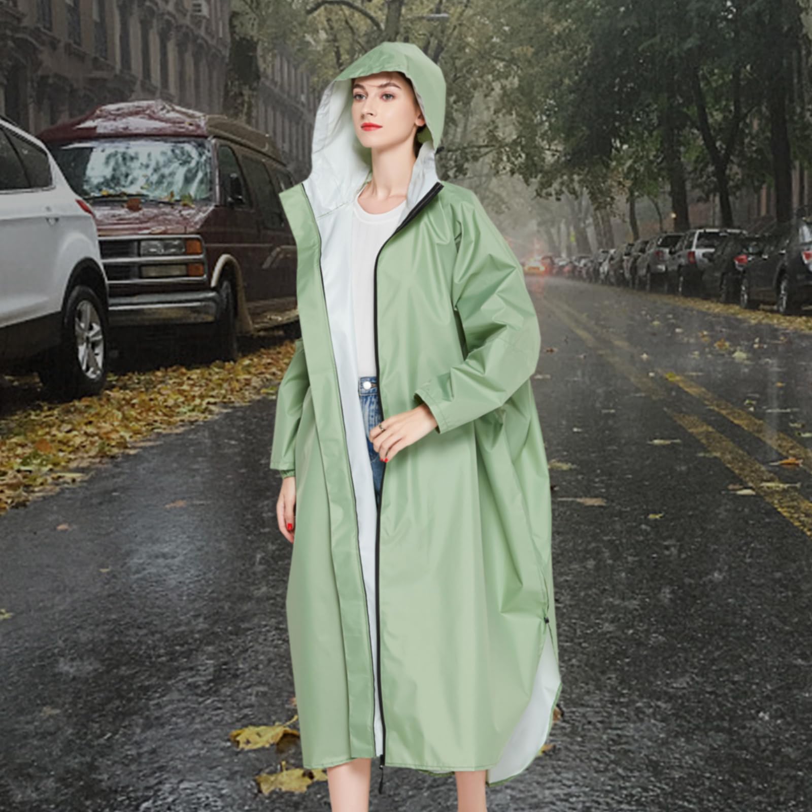 Cappotti Antipioggia Lunghi Impermeabili da Donna Poncho Antipioggia Leggero Ripiegabile Abbigliamento Antipioggia con Cappuccio Giacca a Vento con Maniche e Tasca