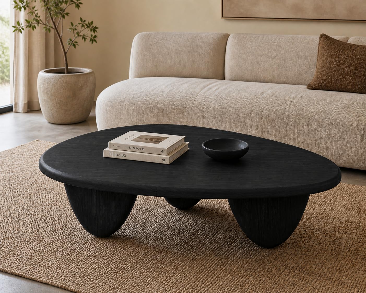 Kastaa Solid Wood Coffee Table | Matte Black Finish | Asymmetric Pebble Center Design with 3 Rounded Legs | Contemporary Living Room Center Table | 110 cm × 60 cm × 45 cm-image-14