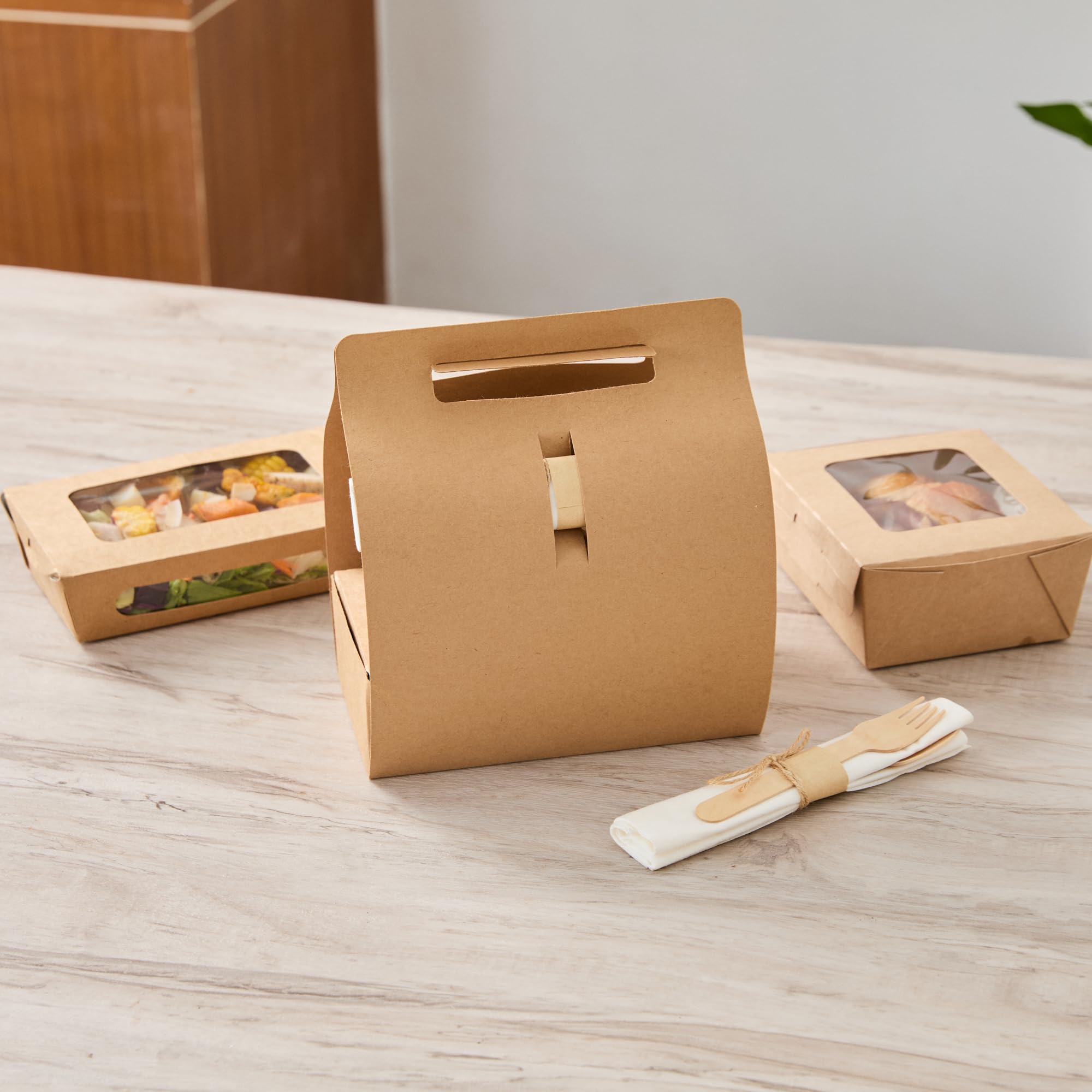 Restaurantware Bio Tek - Fiambreras de papel con asas, 100 recipientes desechables de papel kraft para alimentos, 21 x 10 x 20 cm, portavasos para utensilios de cocina, portadores de bebidas para