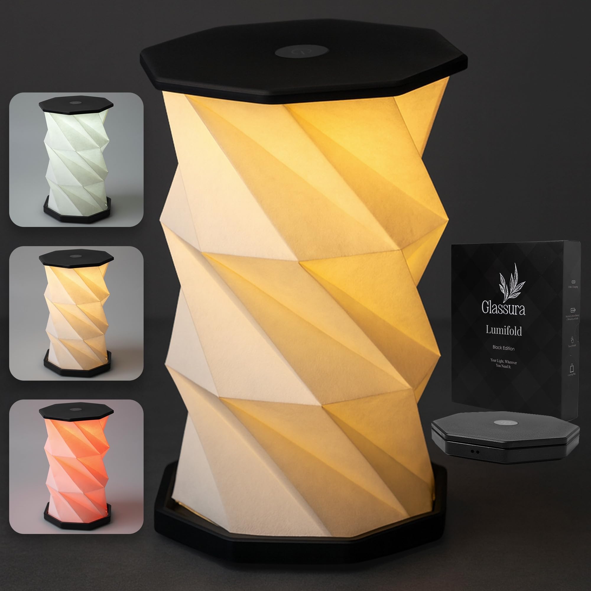 Lampe LED sans fil pour table de chevet, terrasse et camping - Rechargeable USB-C, pliable et portable, lumière rouge, froide et chaude réglable 5-12h, design origami en bois, cadeau original BLACK