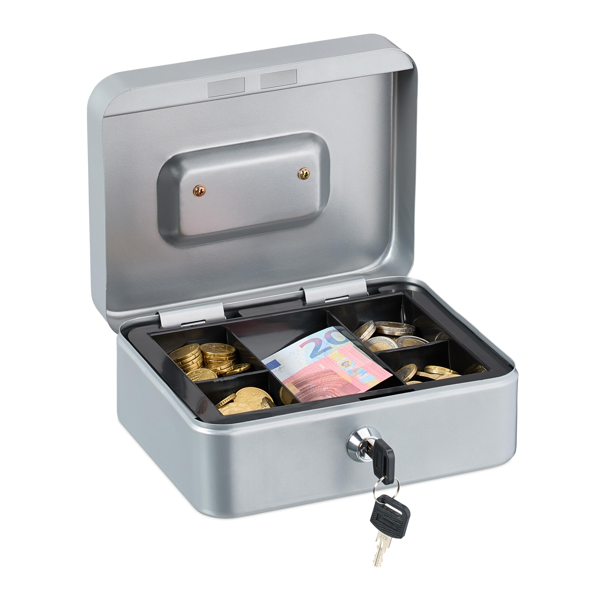 Relaxdays Lockable cash box, removable insert, 5 compartments, iron cash box, HxWxD: 8.5 x 20 x 17 cm, silver