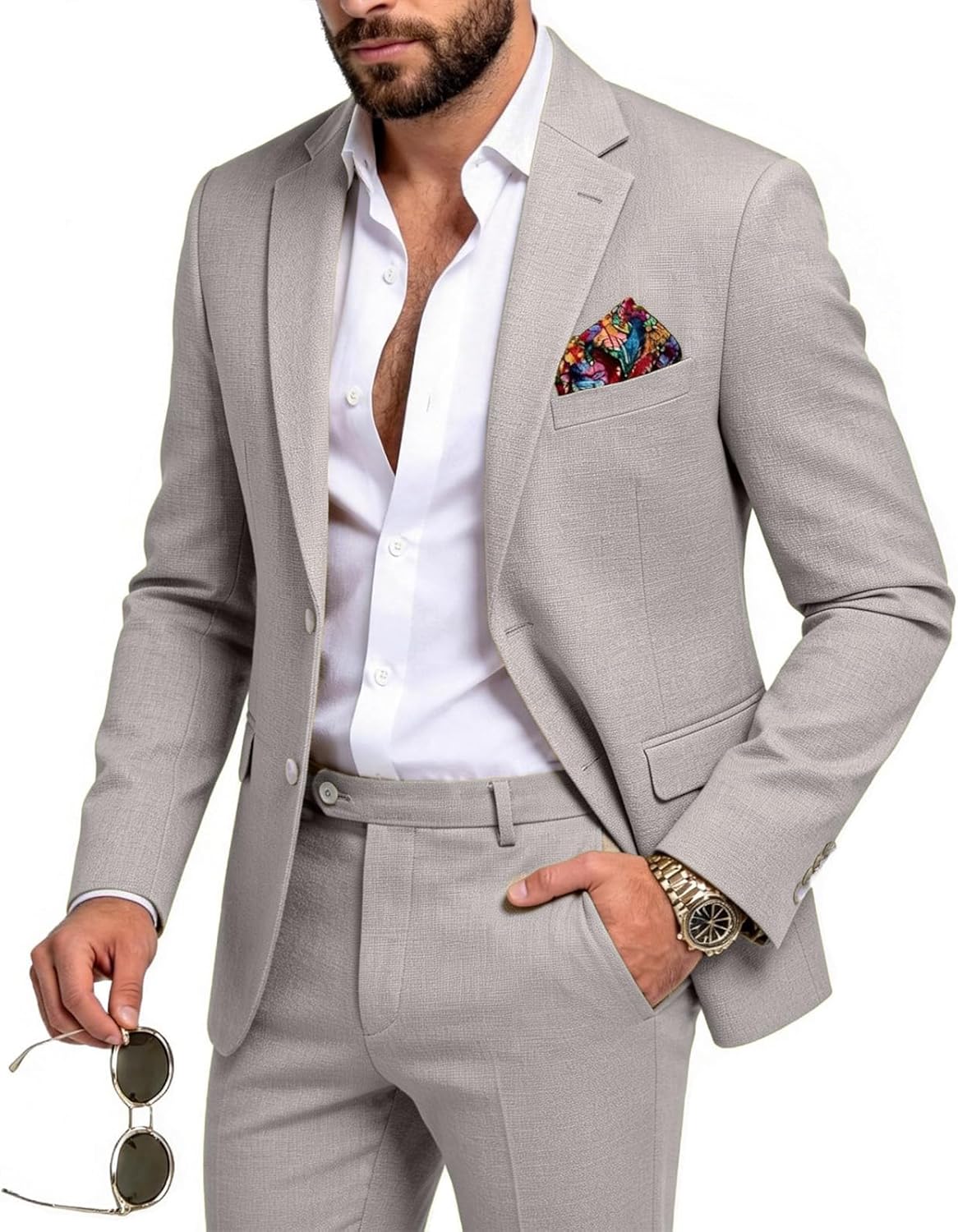 MOGU Men's Linen Suit 2 Piece Solid Mens Beach Wear Casual Slim Fit Suits Jacket and Pants for Summer Groom Wedding