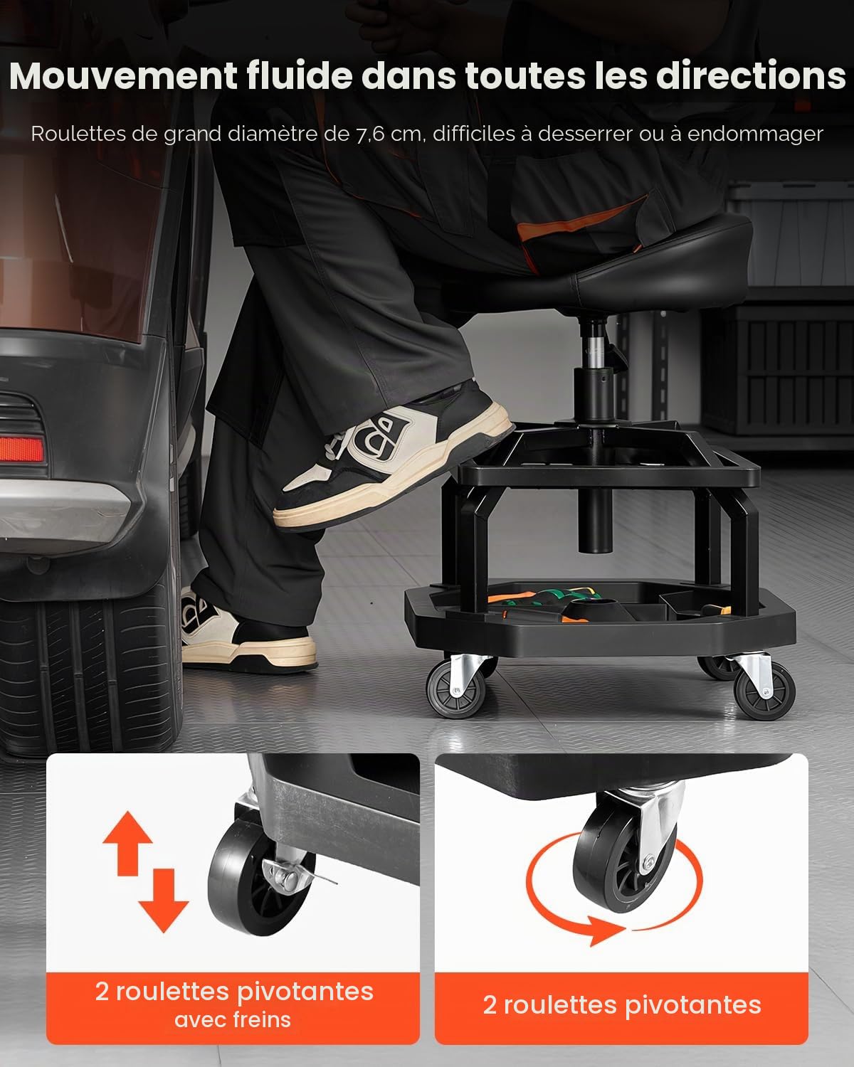 VEVOR Tabouret d'atelier Roulant à Hauteur réglable, capacité de Charge 136 kg, Tabouret de mécanicien pneumatique, siège de Garage rembourré pivotant 360° avec roulettes, pour réparation Automobile