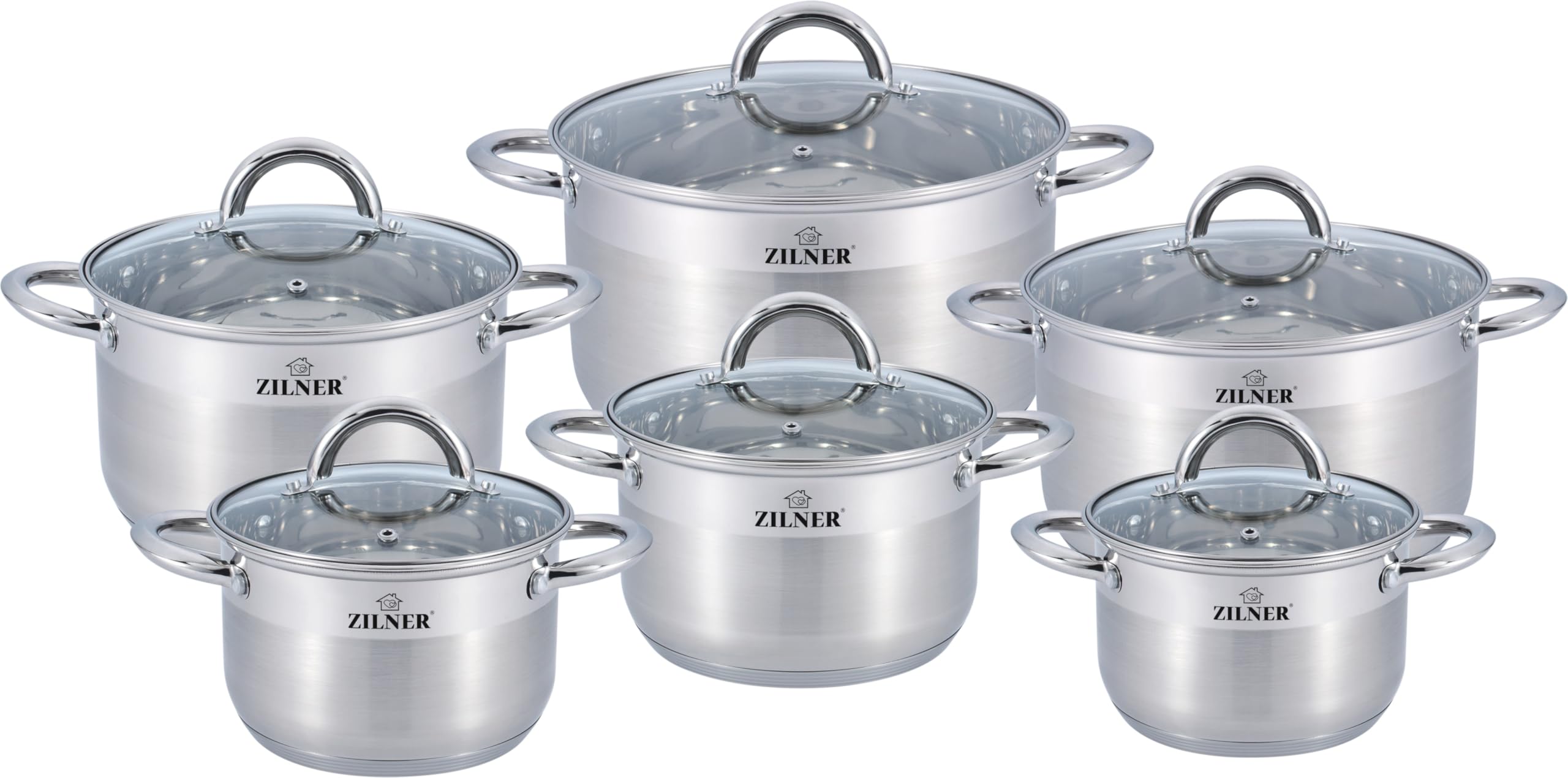 Topfset 12-teilig, Edelstahl mit Glasdeckeln, alle Herdarten, Silber | Edelstahl Kochtopf Set, Töpfe mit Glasdeckel für Induktion, Gas, Ceranfeld, Kochset 12-teilig, Silber