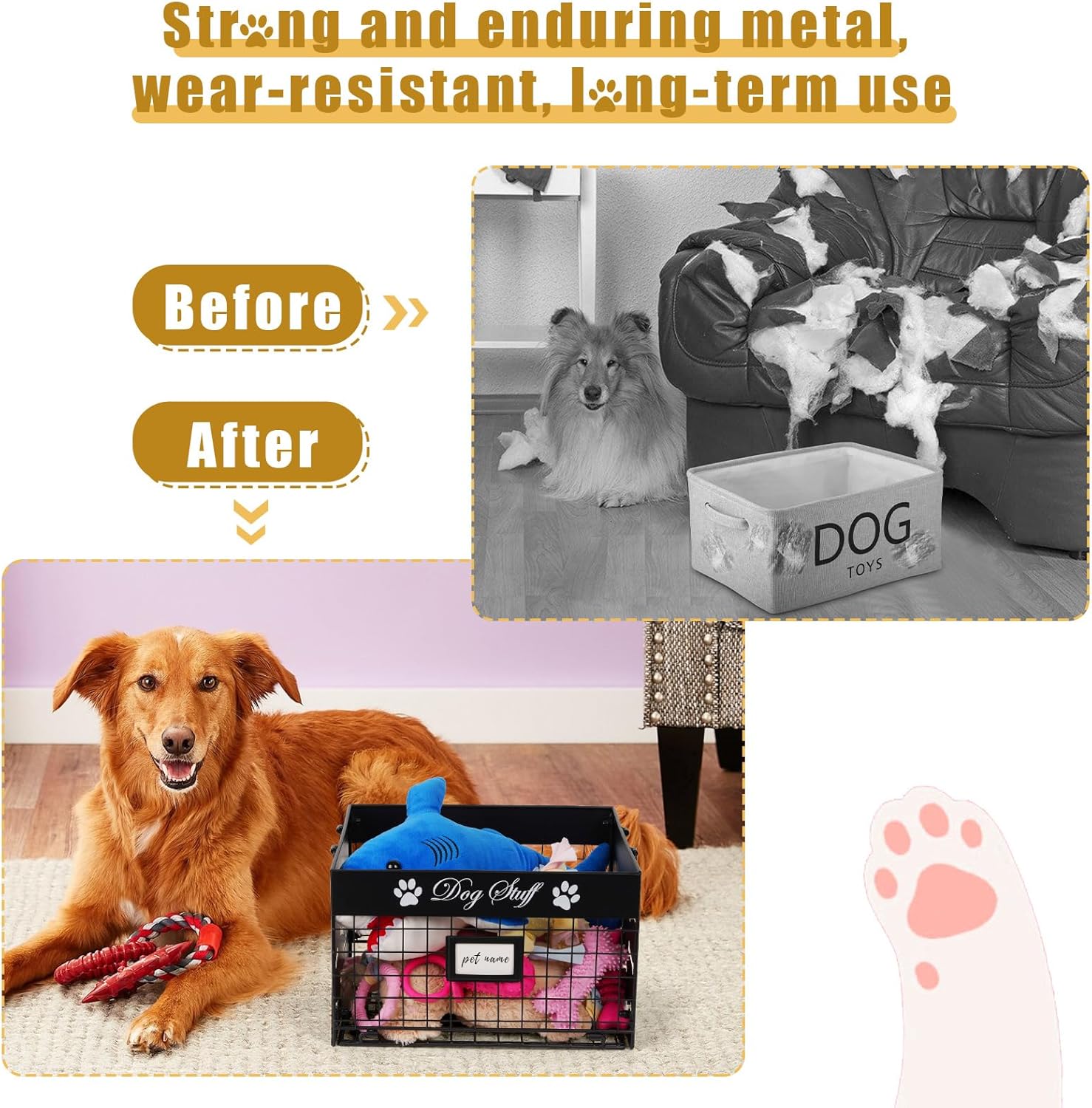 Bfttlity Dog Toy Bin - Metal Dog Toy Basket Box with Handles and Label Position Design Perfect for Pet Toys, Blankets, Clothes and Food (Not Included Label)