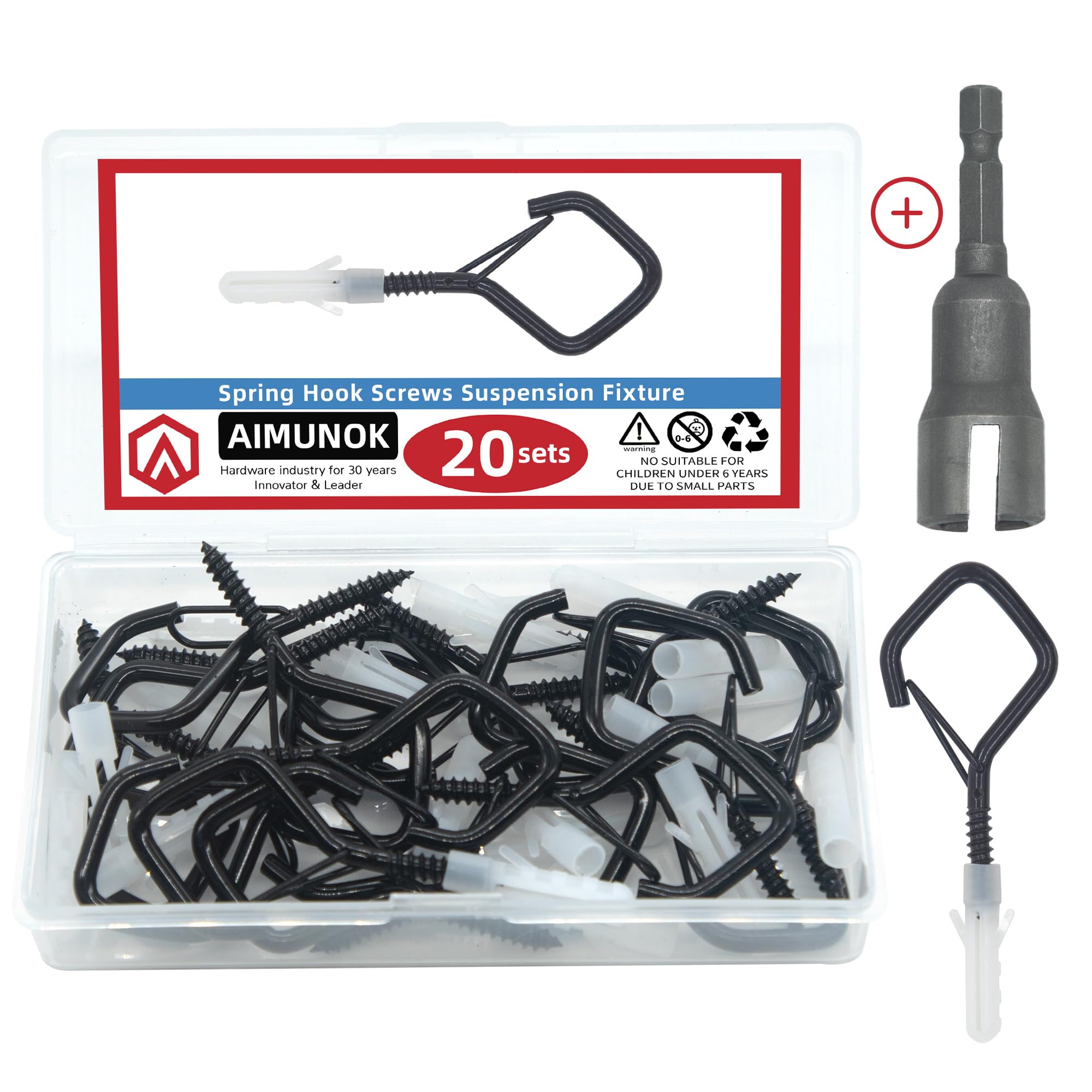 AIMUNOK 20 Sets Q-Hanger Hooks with Safety Buckle,Windproof Screw -in Hooks for Hanging Plants, Outdoor String Light, Christmas Light, Winged Nut Driver Included (Black, 2.2 Inch)