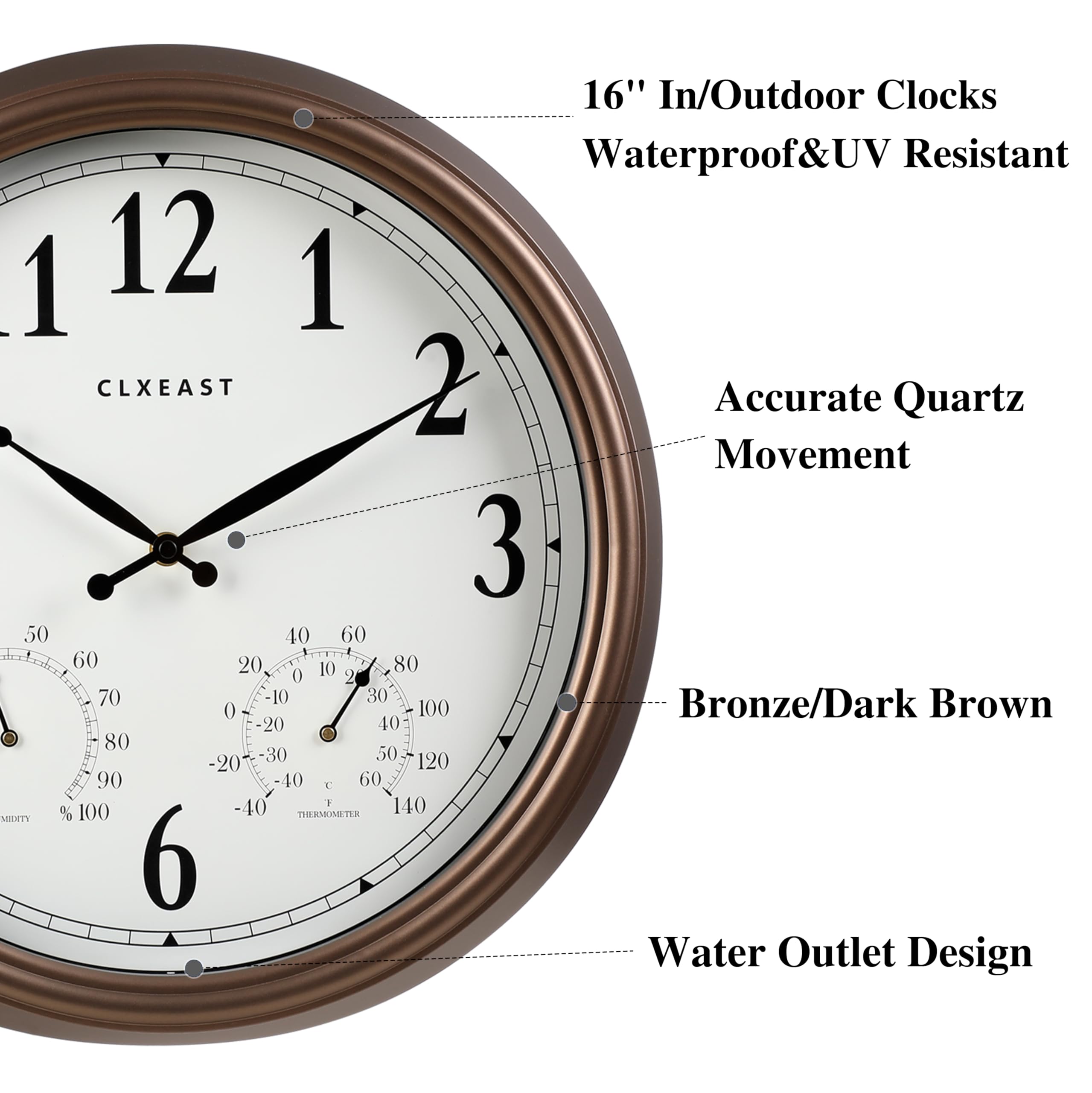 CLXEAST Uhr für drinnen und draußen, wasserdicht, 40,6 cm, große Outdoor-Uhr mit Thermometer und Hygrometer, Bronze/Dunkelbraun