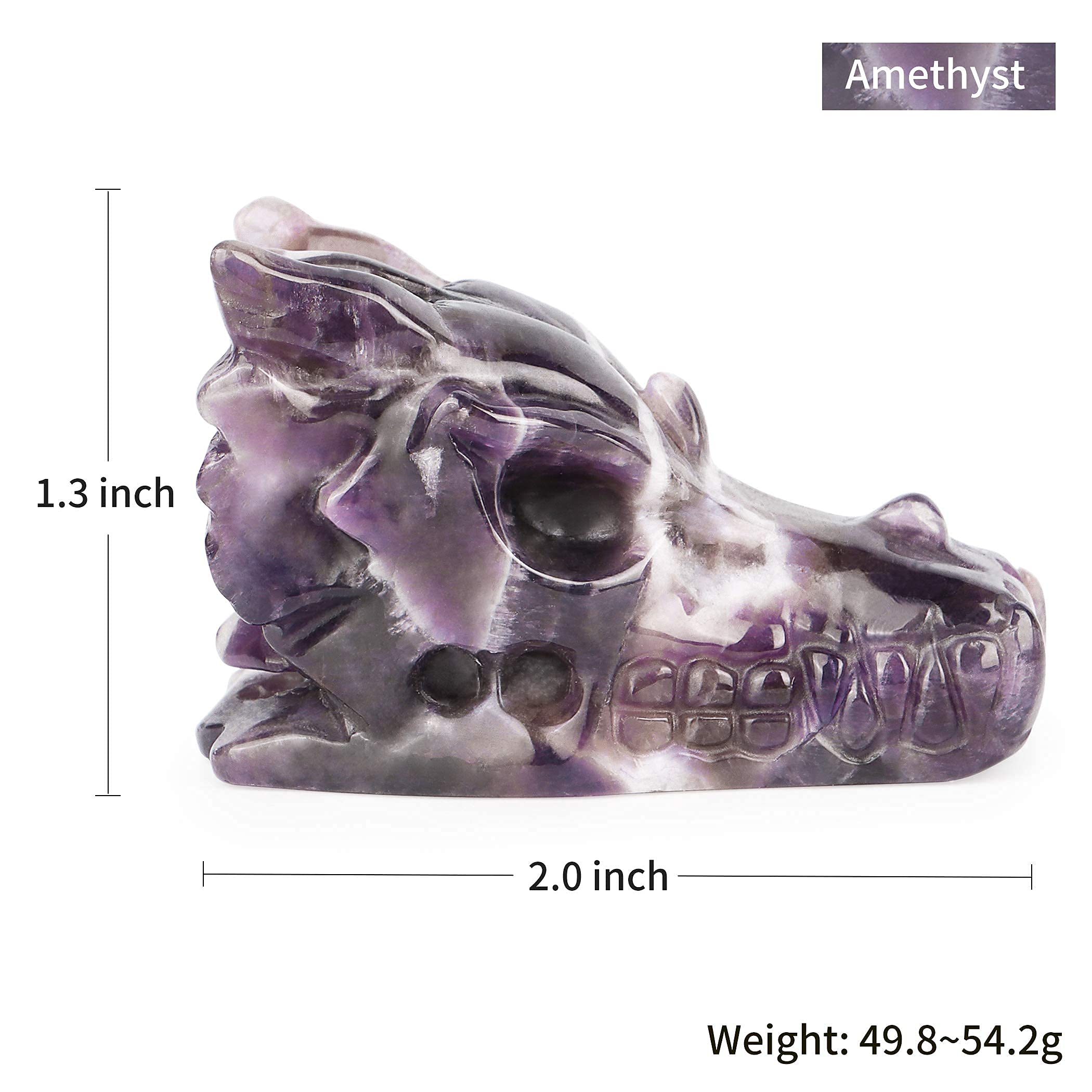 SMQ Amethyst Crystals Dragon Head Skull Statue Hand Carved Gem Purple Dragon Figurine Animal Carvings Collectible Healing Stones for Home Office Desk Decor(2 Inch)