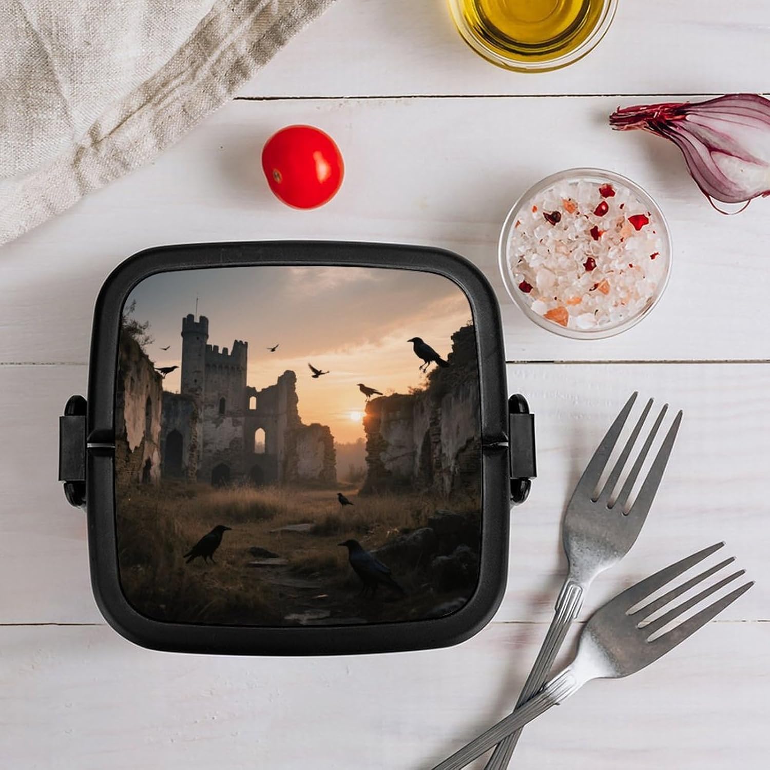 Sunset Castle Bento Box Double Layer Lunch Box for Adults with Spoon And Handle Bento Boxes Leakproof One-piece Stackable Lunchbox for Work Picnics And Travel