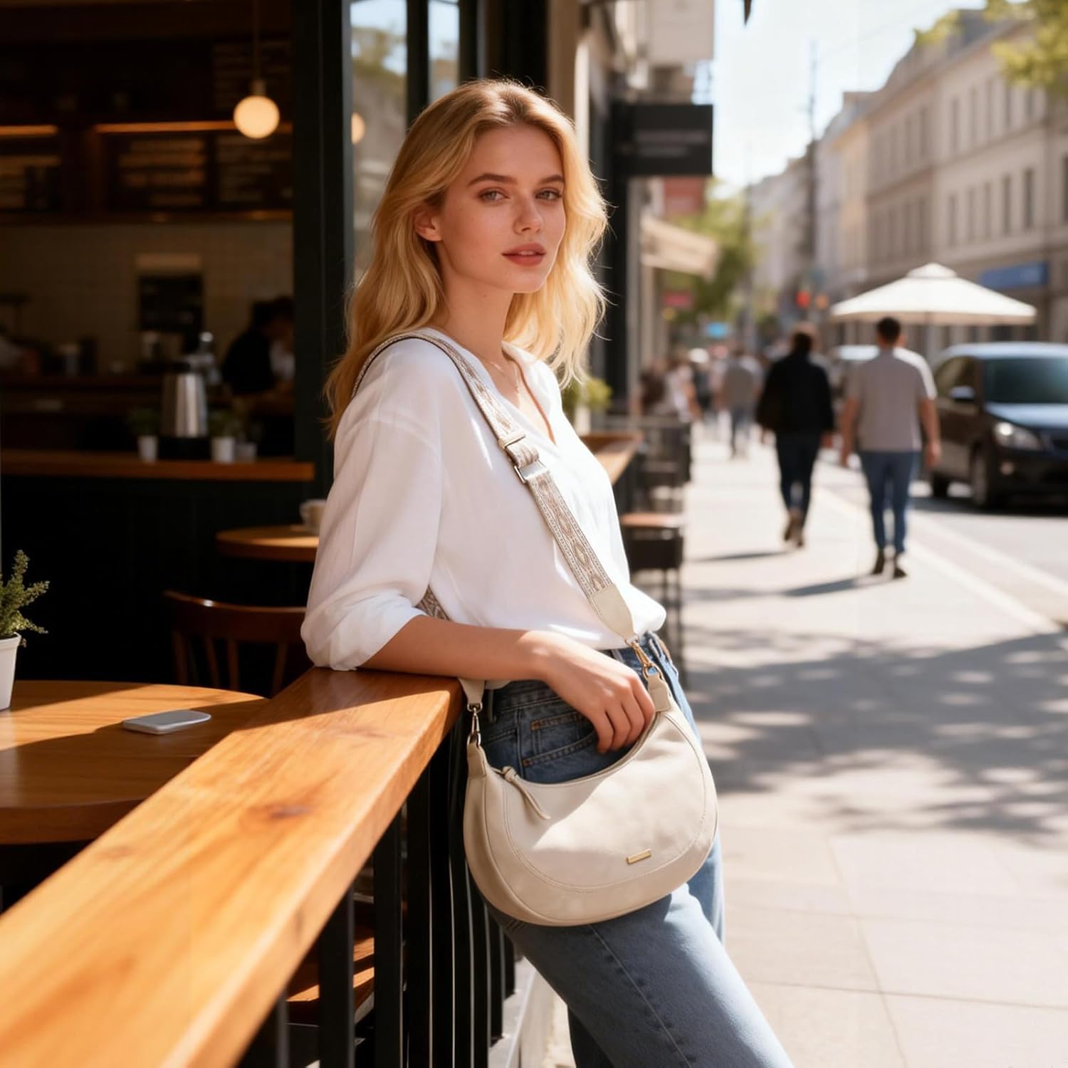 AFKOMST Boho Leather Crescent Bag Crossbody for Women Medium Half Moon Hobo Purse and Shoulder Bag for Valentine's Day Gifts | Fit Pad mini, A5 Notebook, 4 Card Slots - Image 2