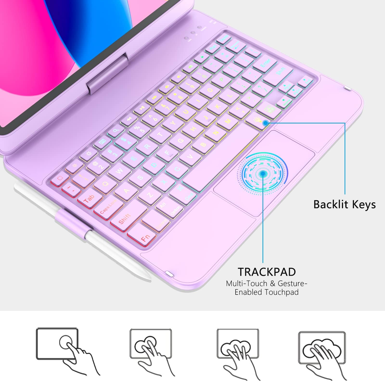 KARFUN Clavier pour iPad 10/11 Ème Generation (10,9" 2022/11" A16 2025), Housse de Protection Rotative à 360° avec Porte-Stylet, étui avec Clavier Trackpad Rétro-éclairé (Violet Clair)