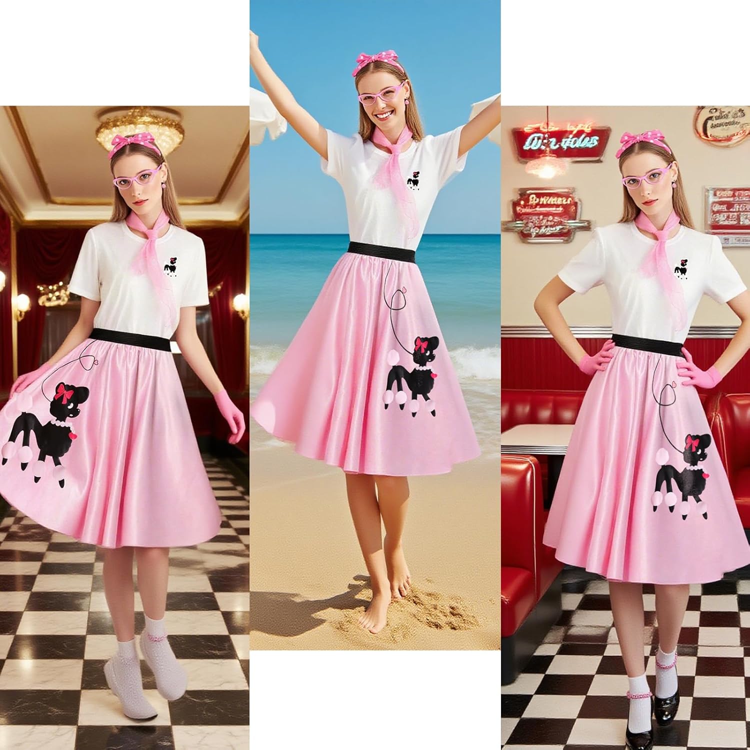 50s Poodle Skirts Costumes for Women Sock Hop 1950s Dresses Outfits for Women Adult Halloween Accessories 8Pcs