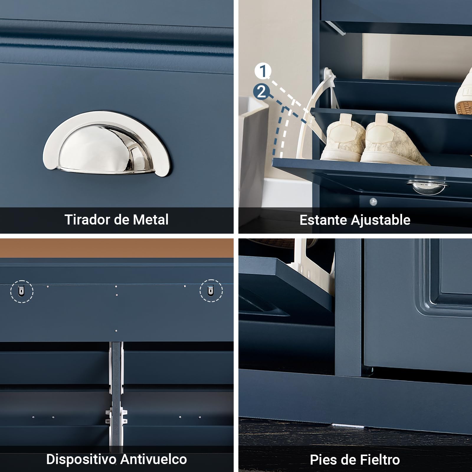 SoBuy Mueble Zapatero Estrecho con Cajón y Ganchos – Zapatero Estrecho Entrada Recibidor de 4 Puertas para 16 Pares – Mueble Recibidor Entrada Azul MDF 104x24x83cm – FSR79-B
