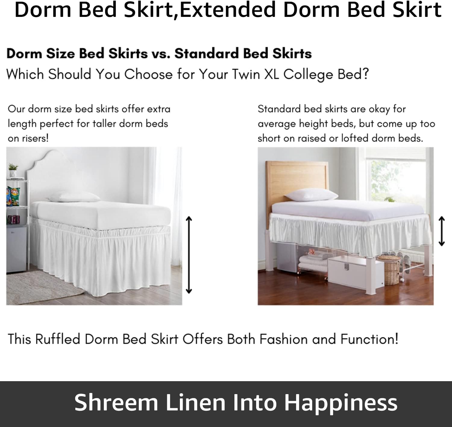 Dorm Room Bed Skirt - Ruffled Dorm Sized College Dorm Bed Skirt - Long Bed Skirt Dorm - Extra Long Dorm Room Bedskirts 42-Inch Tailored Drop - 100% Microfiber Bed Skirts (White, Twin-XL/42 Drop)